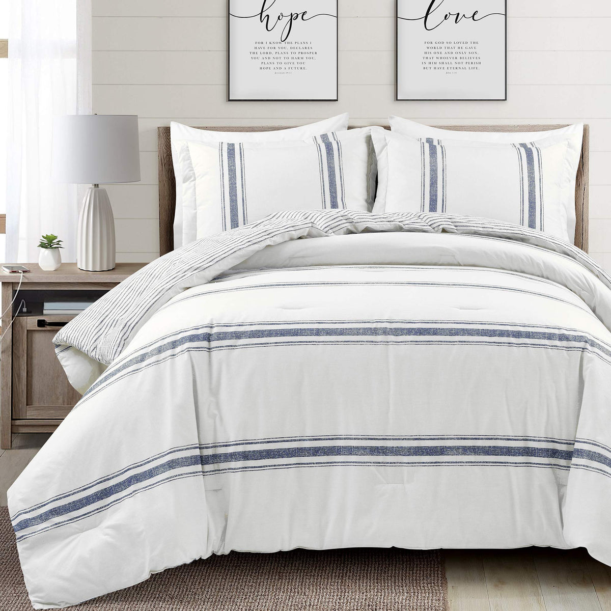 Lush Decor Farmhouse Stripe Reversible Cotton Comforter Set, 3 Piece Set, Full/ Queen, Navy - Cozy Farmhouse Bedding Set - Rusti