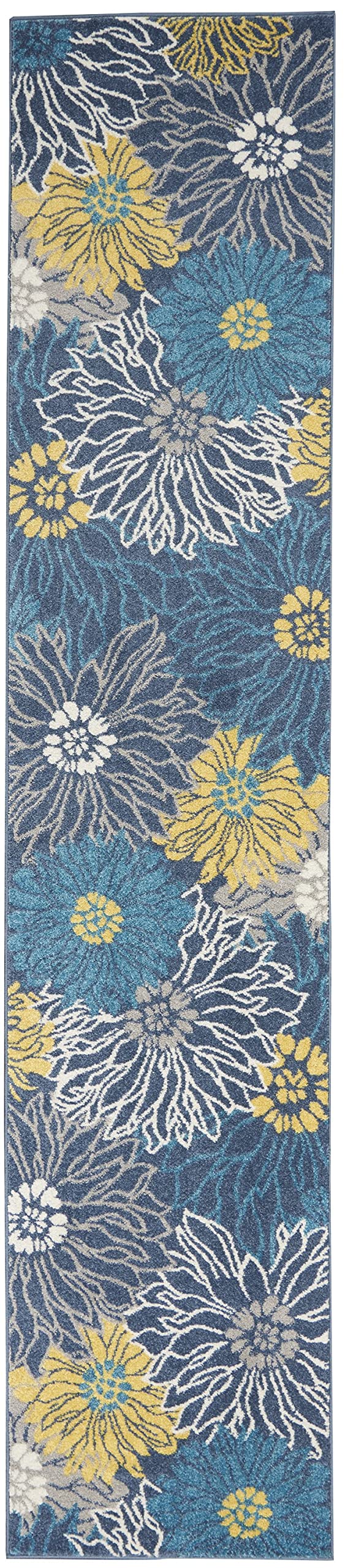HomeRoots 100% Polypropylene 2’ x 10’ Blue Tropical Flower Runner Rug
