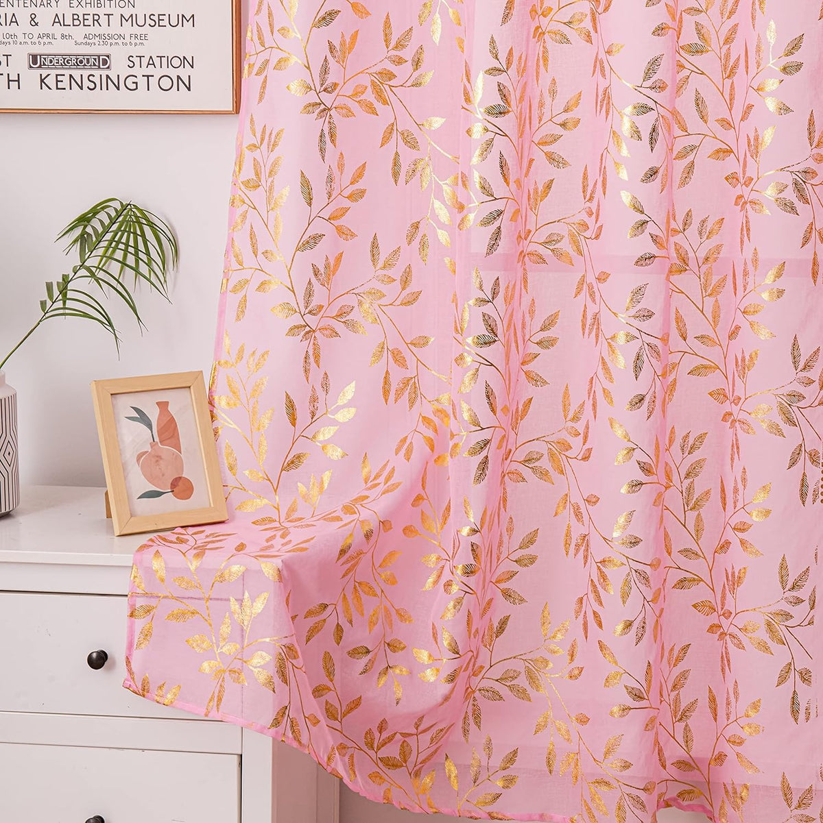 Deeprove Pink Sheer Curtains 96 Inches Long 2 Panels For Bedroom Living Room Baby Girl Princess Room Nursery, Abstract Metallic