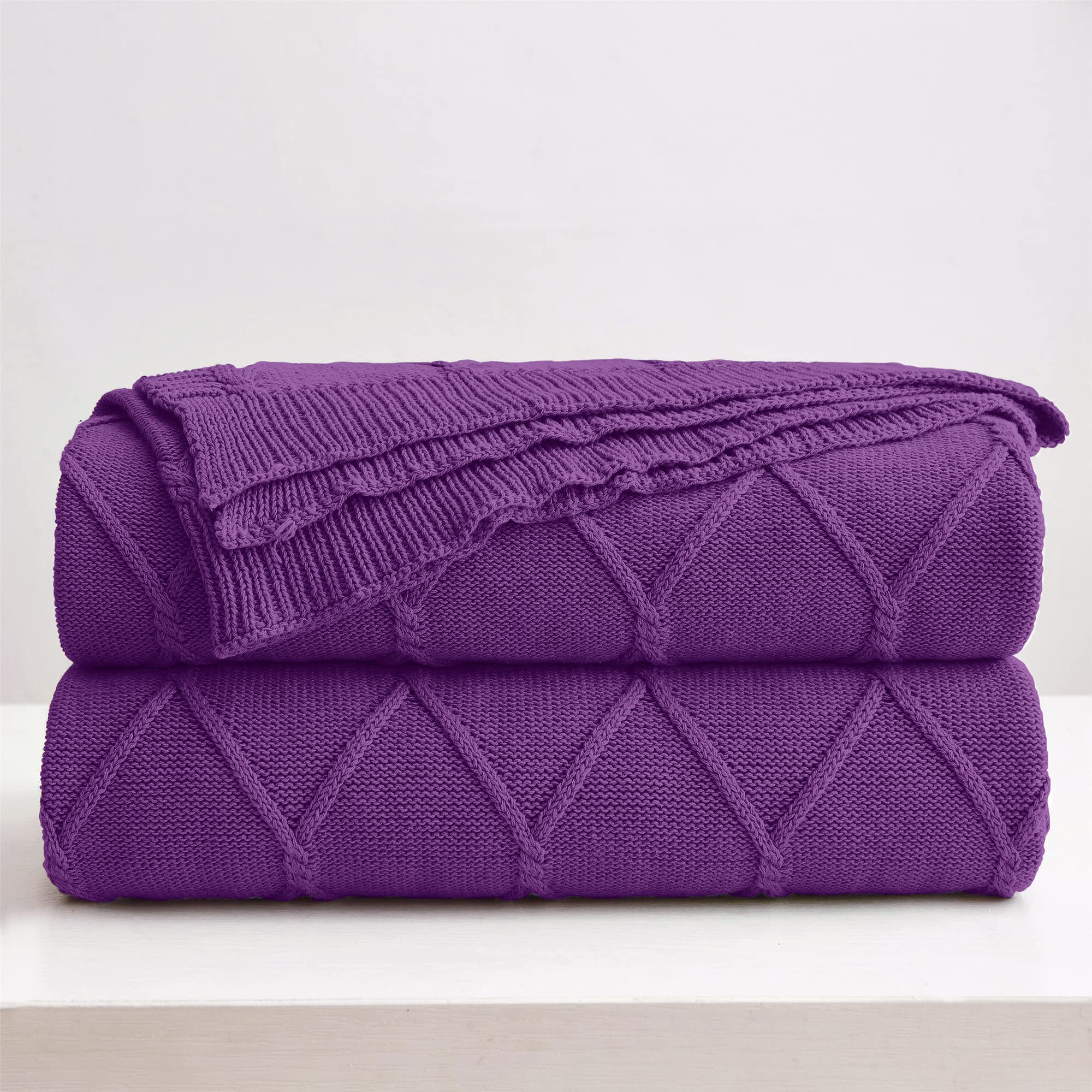 Longhui Bedding 100% Cotton Purple Lightweight Cable Knit Throw Blanket With Bonus Laundering Bag For Couch Sofa Bed - Large 60