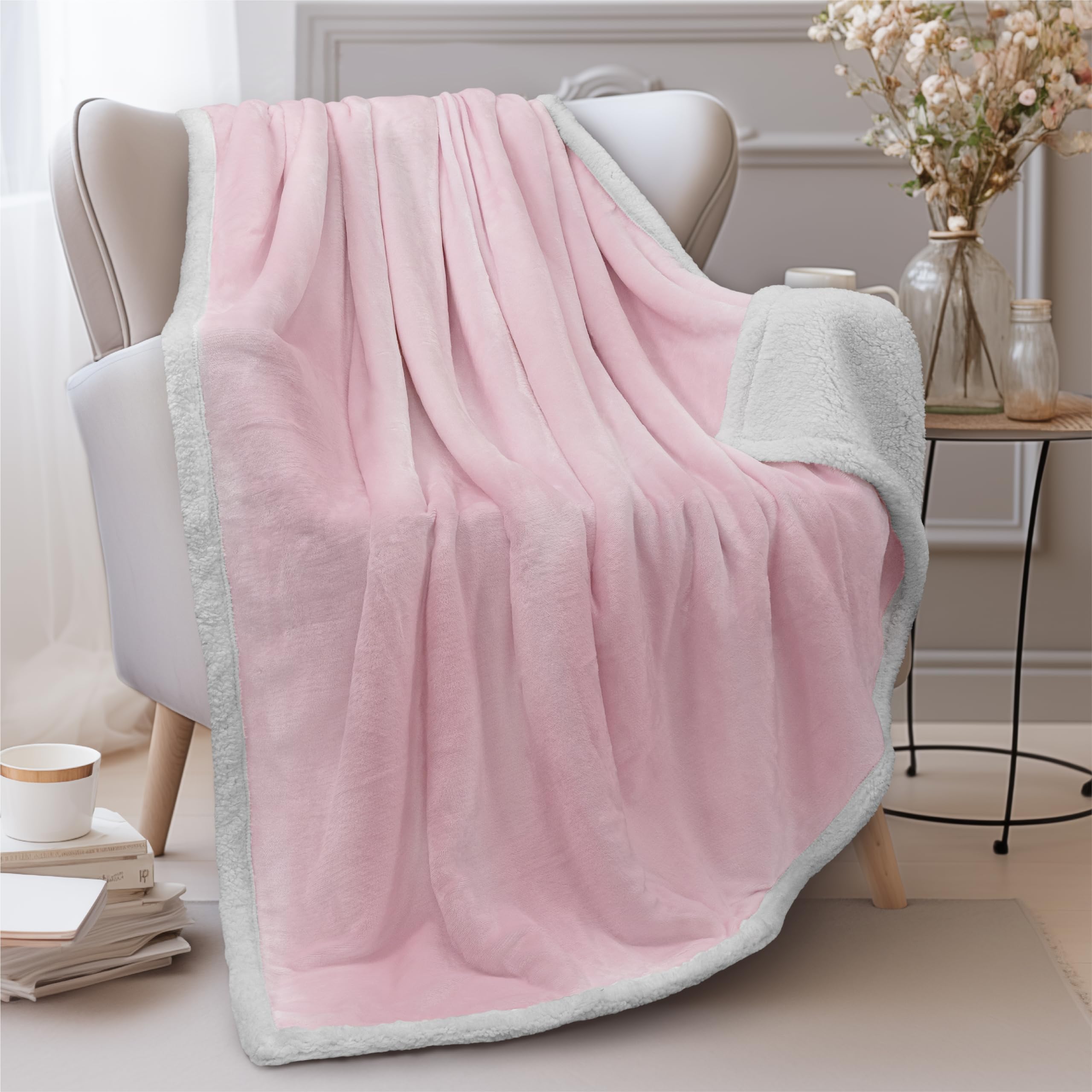 Pavilia Light Pink Sherpa Fleece Throw Blanket For Couch, Soft Thick Bed Blanket For Sofa, Cozy Warm Throw Blanket All Season, F