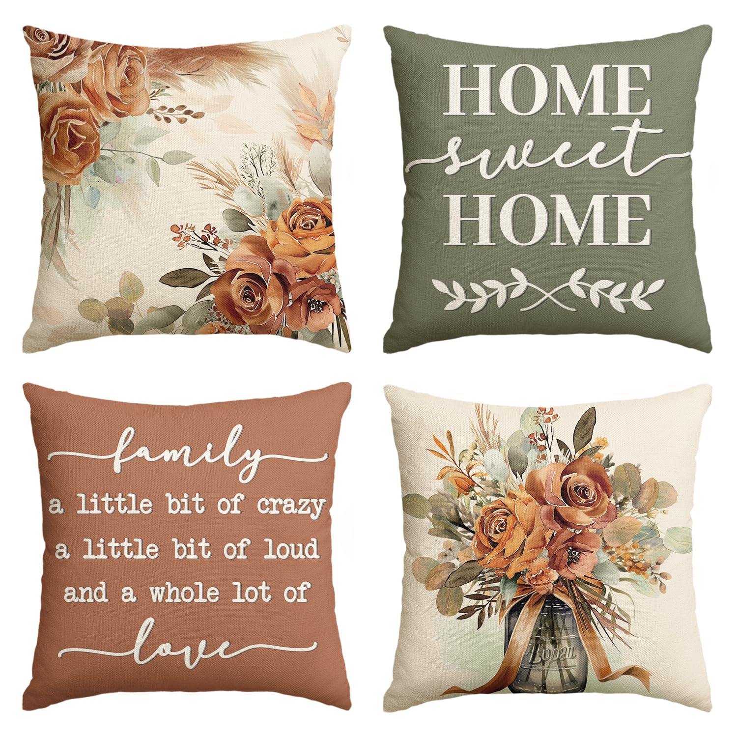 Avoin Colorlife Home Sweet Home Terracotta Sage Throw Pillow Covers, 18 X 18 Inch Seasonal Spring Eucalyptus Floral Motto Cushio