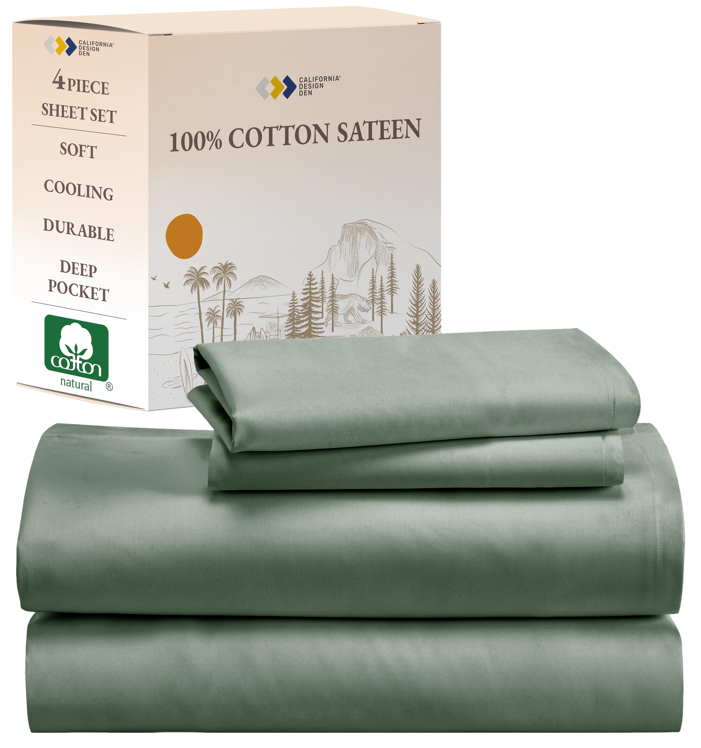 California Design Den Soft Queen 100% Cotton Sheet Set, Queen Sheet Set With Sateen Weave, Cooling Sheets - Sage Green