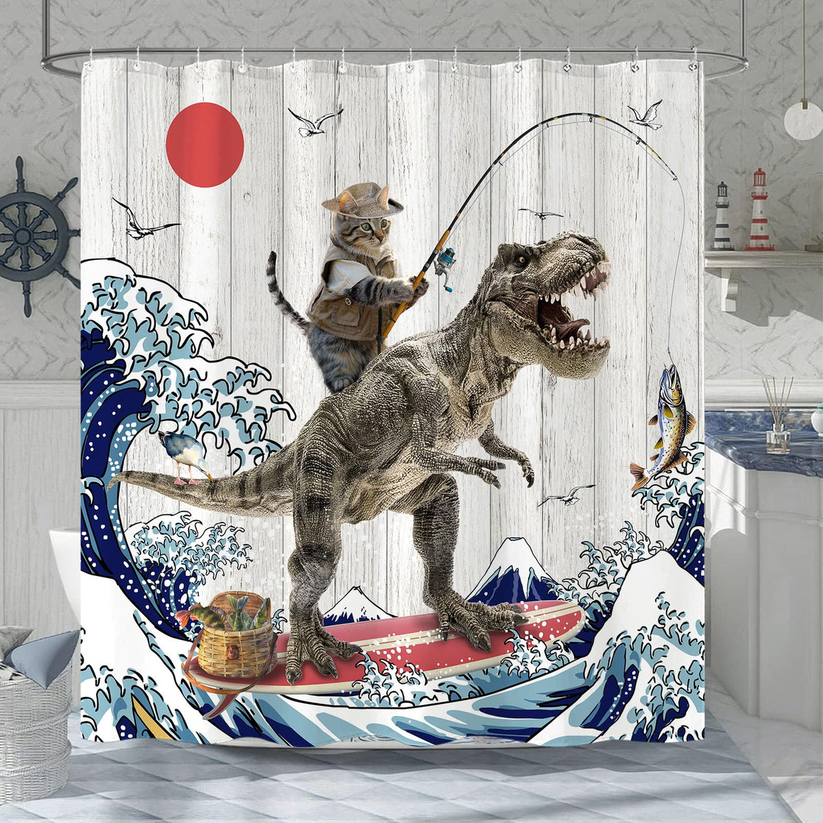 Fowocu Funny Cat Dinosaur Shower Curtain Fun Kitten Fishing Japanese Ocean Wave Waterproof Fabric Shower Curtains For Bathroom K