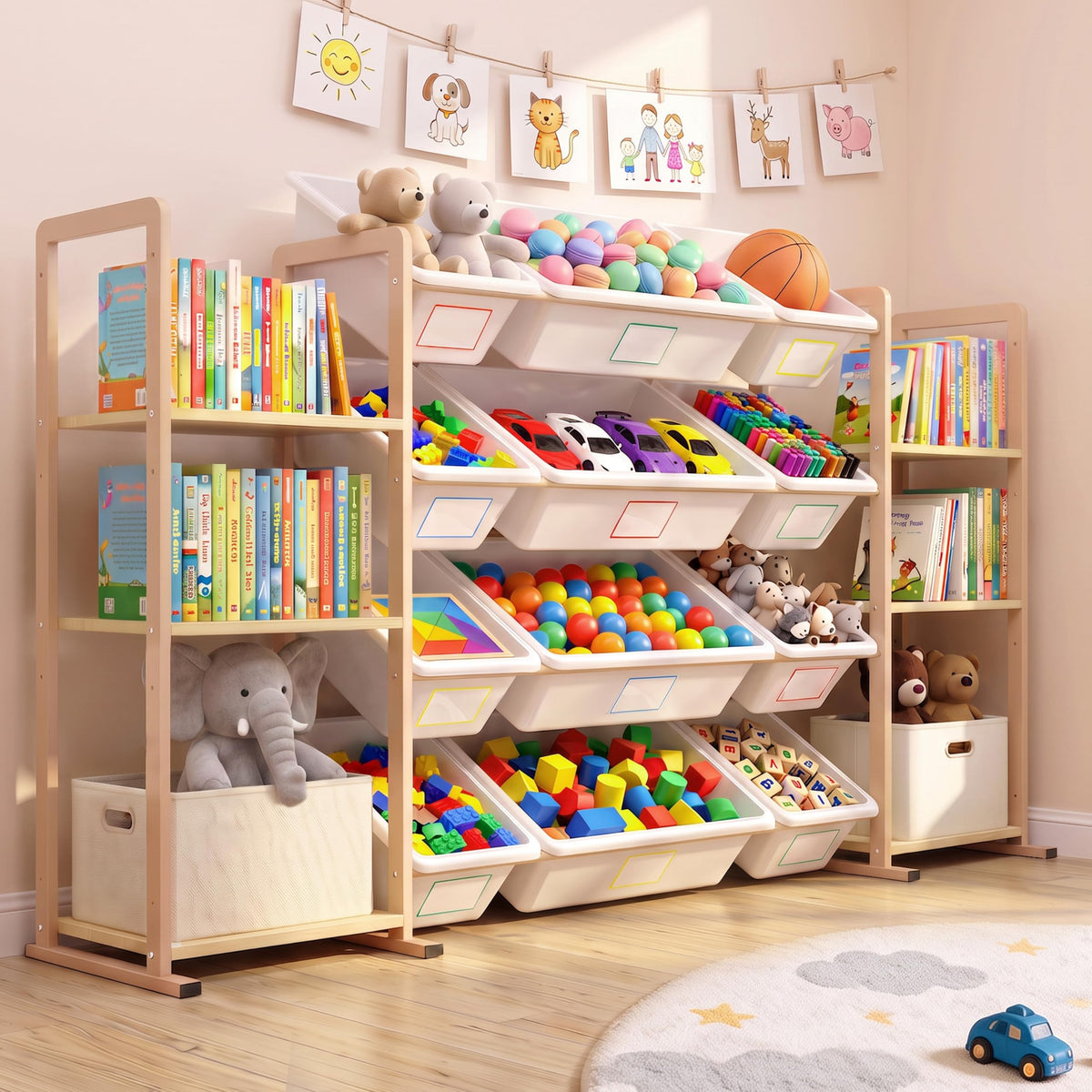 HONGDDY Toy Storage Organizer with 6 Shelves and 12 Removable Storage Bins, Bookshelf/Bookcase, Kids Bin Shelf, Toys Box for Pla