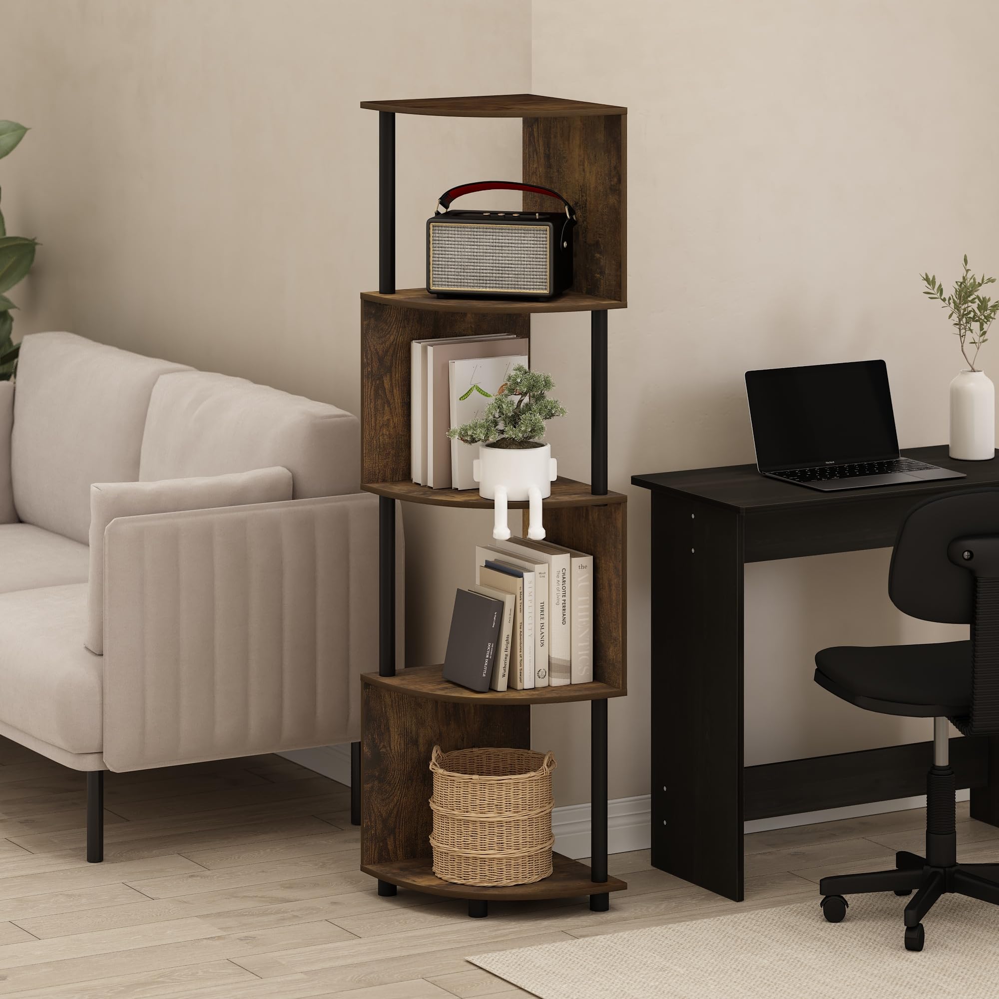 Furinno Econ 4-Tier Zigzag Corner Shelf Bookcase, Bookshelf, Amber Pine/Black