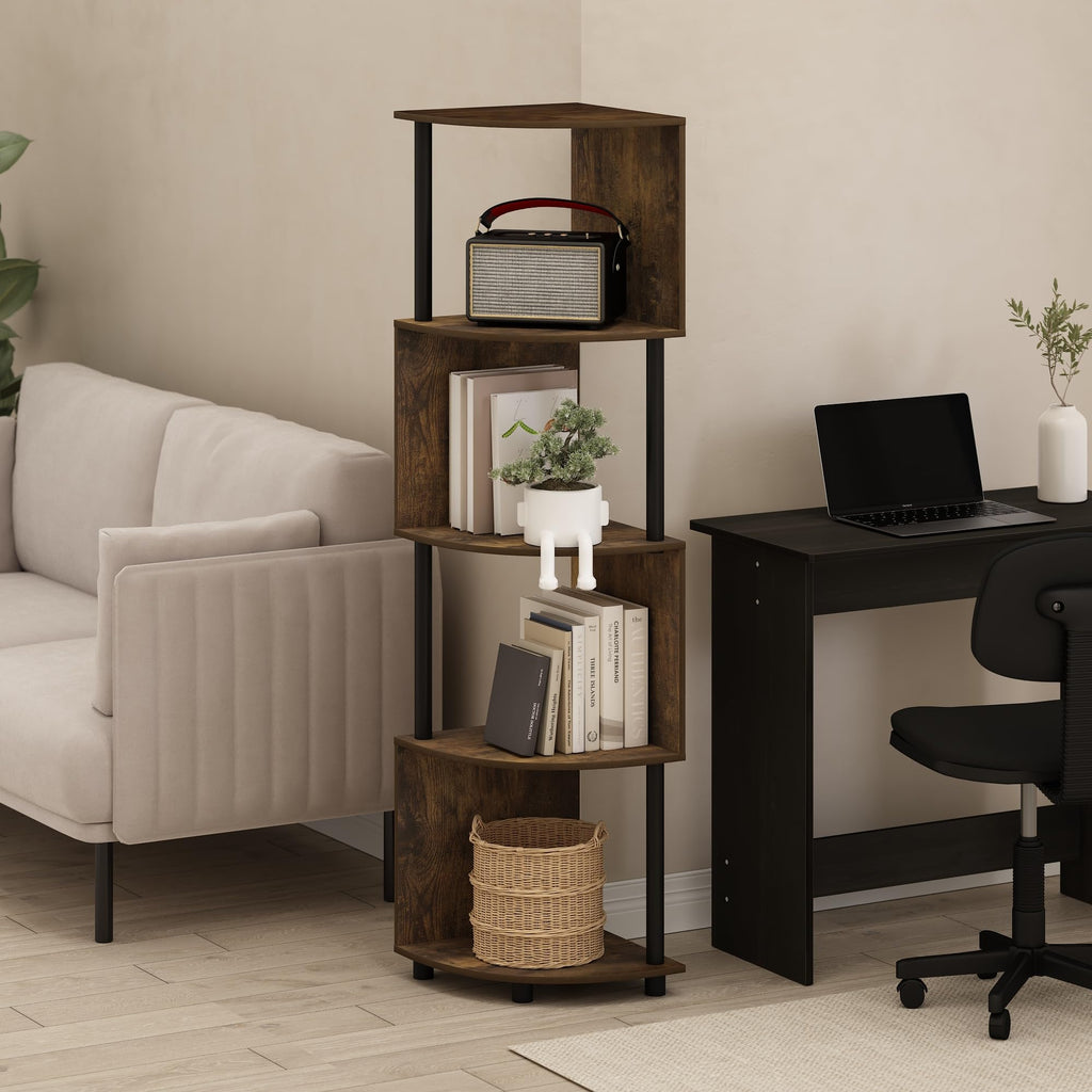 Furinno Econ 4-Tier Zigzag Corner Shelf Bookcase, Bookshelf, Amber Pine/Black