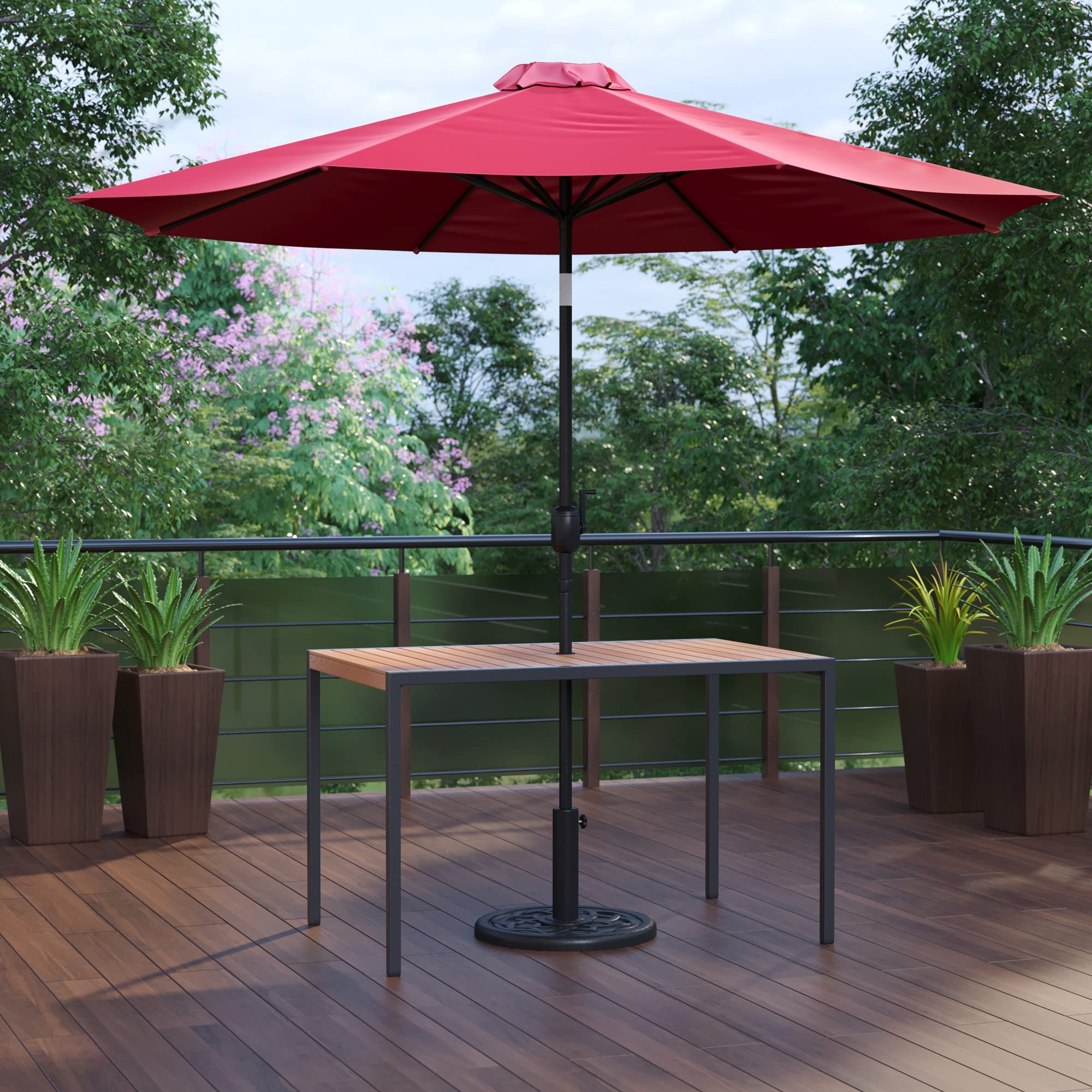 Flash Furniture Lark 3 Piece Outdoor Patio Table Set - Natural Faux Teak Dining Table - 30" x 48" Synthetic Teak Patio Table with Red Umbrella and Base