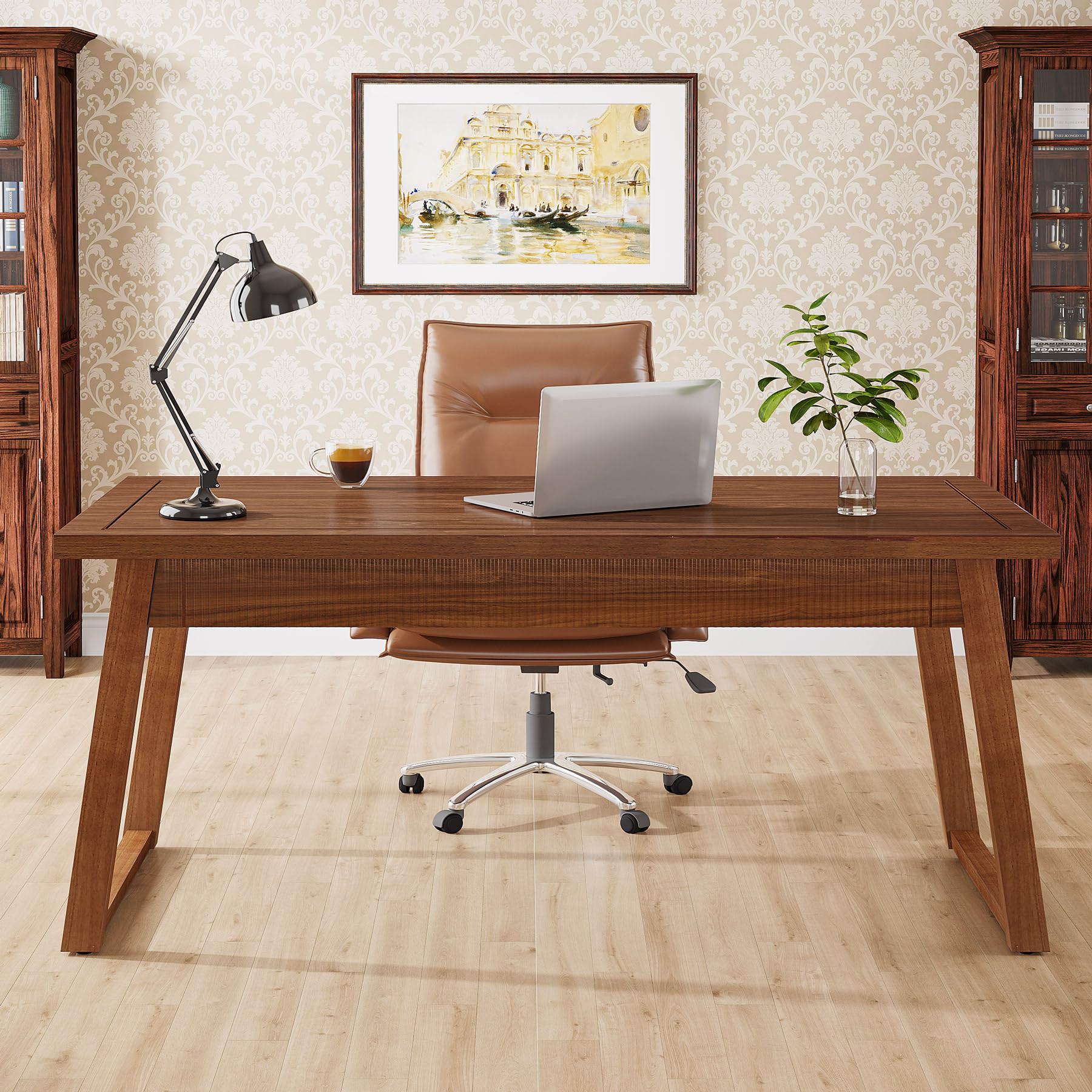 Tribesigns Home Office Executive Desk: 55 Inches Wooden Computer Desk with Drawer, Mid-Century Modern Study Writing Table, Rusti