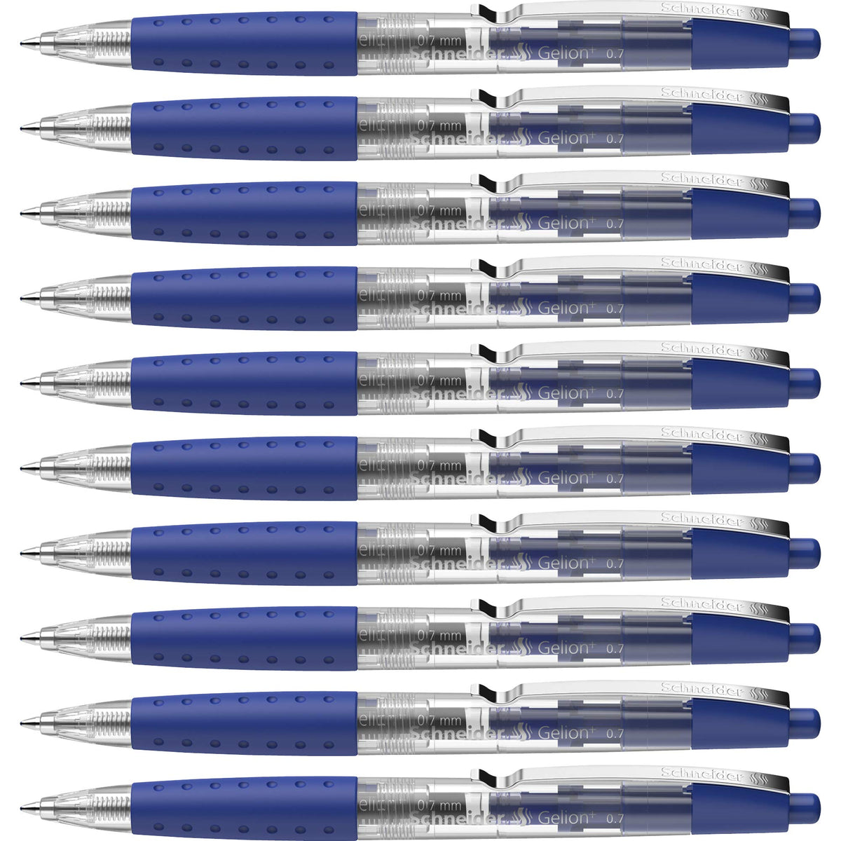 Schneider Gelion+ Gel Pen, Refillable And Retractable, Gel Ink, 0.7 Mm, Transparent Barrel, Blue Ink, Box Of 10 Pens (101003)