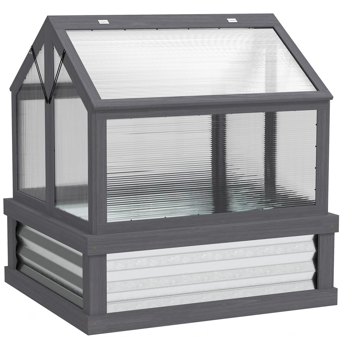 Outsunny Raised Garden Bed With Polycarbonate Greenhouse, Wooden Cold Frame Greenhouse, Garden Flower Planter Protection, Peak R
