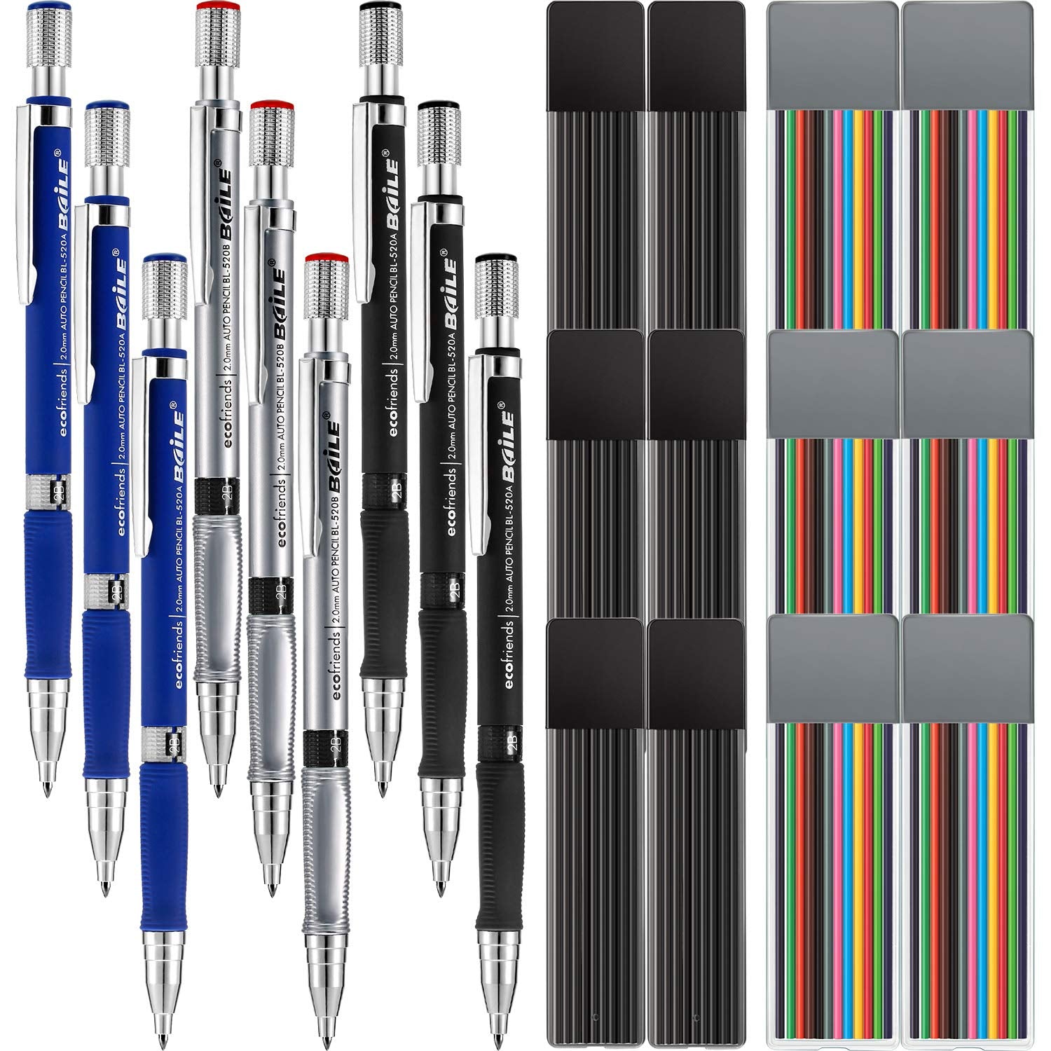 Jovitec 21 Pieces 2.0 Mm Mechanical Pencil Set, 9 Pieces Automatic Pencils 12 2 Mm Mechanical Pencil Colored Refills (Color And