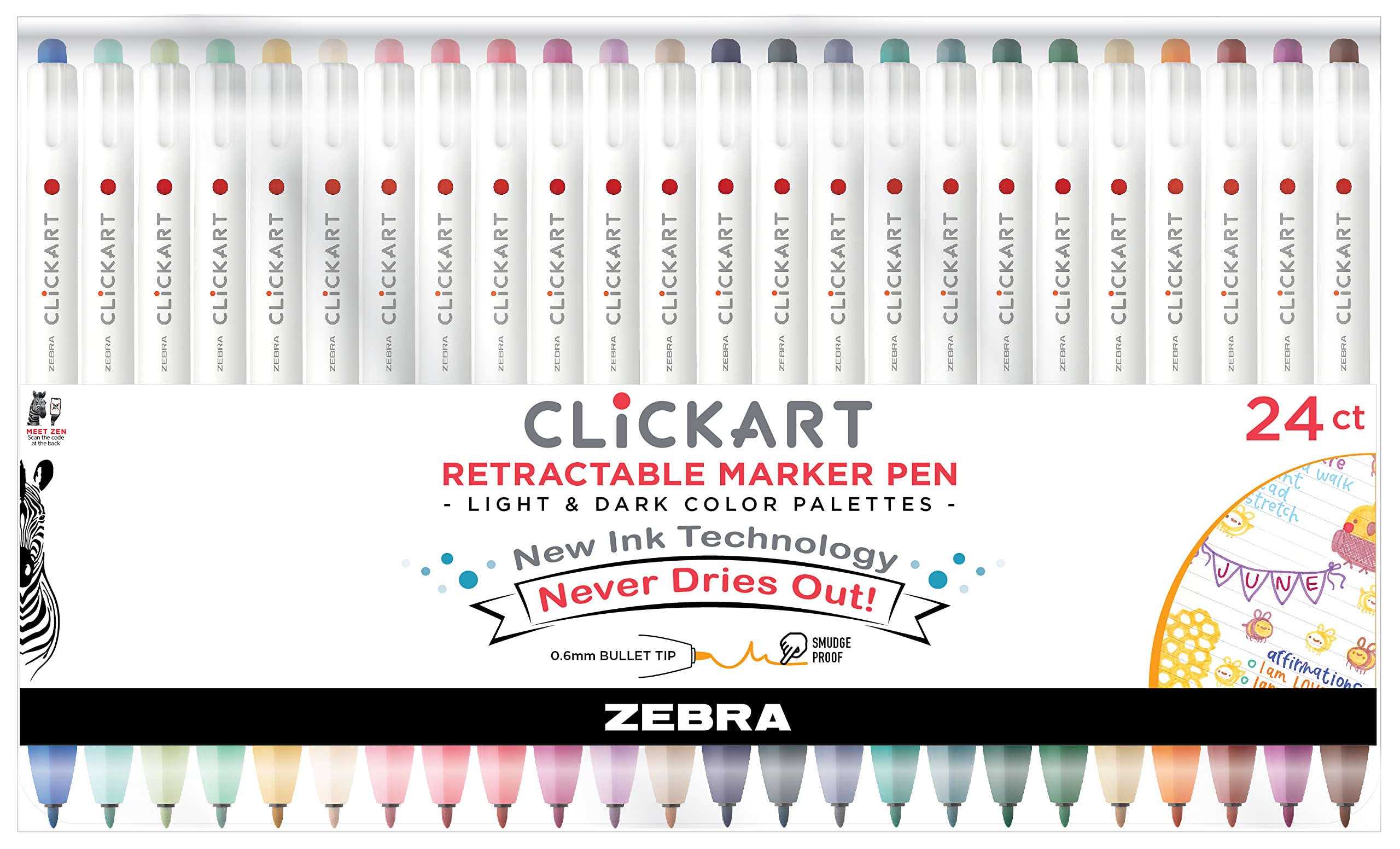 Zebra Pen Clickart Retractable Marker Pen, Fine Point, 0.6Mm, Assorted Light & Dark Ink Colors, 24-Pack, 69824