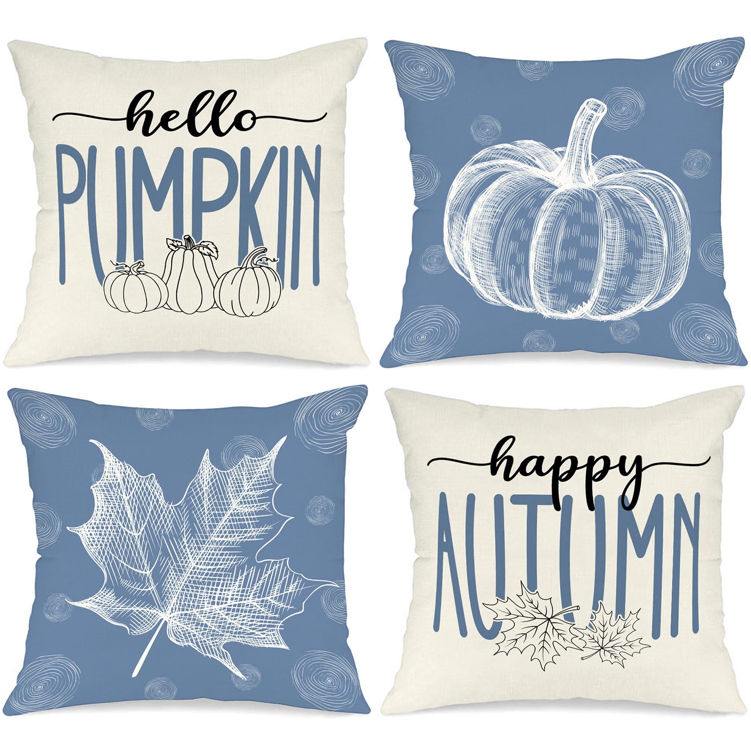 Ywlake Blue 18x18 Throw Fall Pillow Covers Set of 4, Maple Leaf Pumpkin Decorative Holiday 18 x 18 Autumn Cushion Covers Thanksg