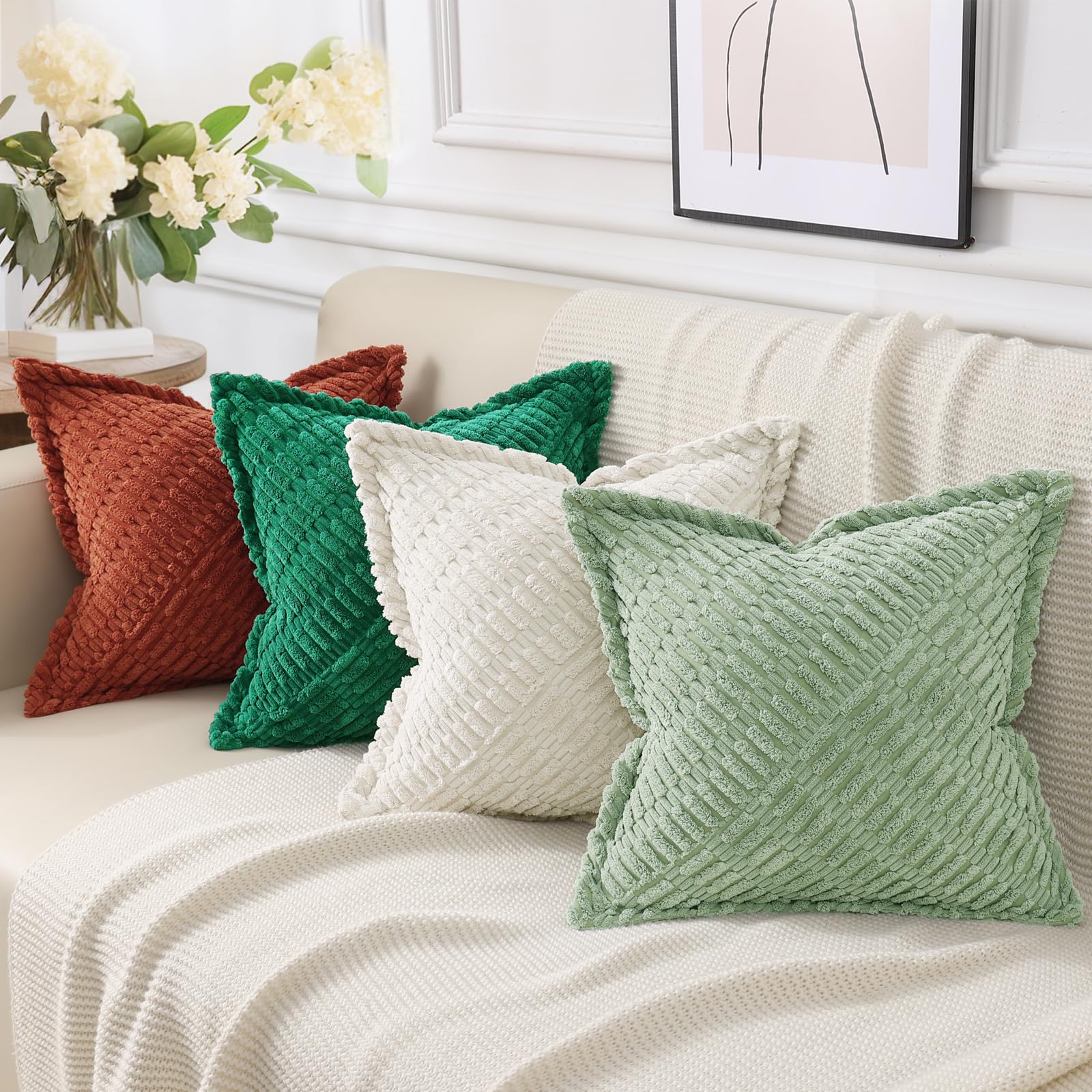 Decoruhome Decorative Spring Sage Green Throw Pillow Covers 26X26 Set Of 2 With Splicing, Boho Soft Corduroy Broadside Twill Pil