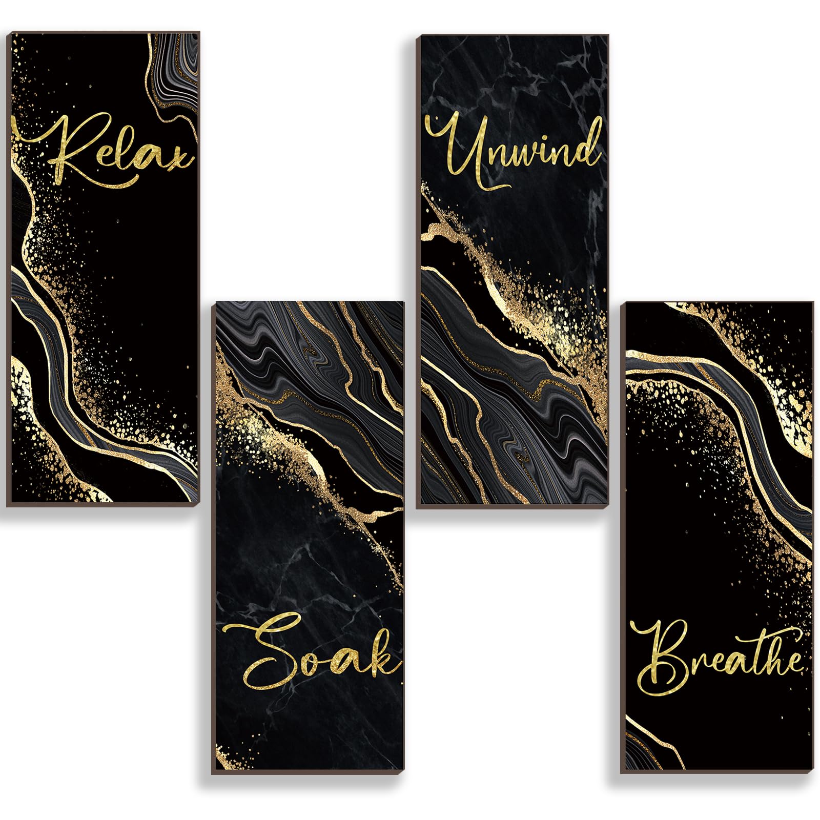 4 Pieces Black And Gold Bathroom Decor Gold Wall Decor with Relax Soak Unwind Breathe Wall Art Rustic Vintage Farmhouse Wooden H