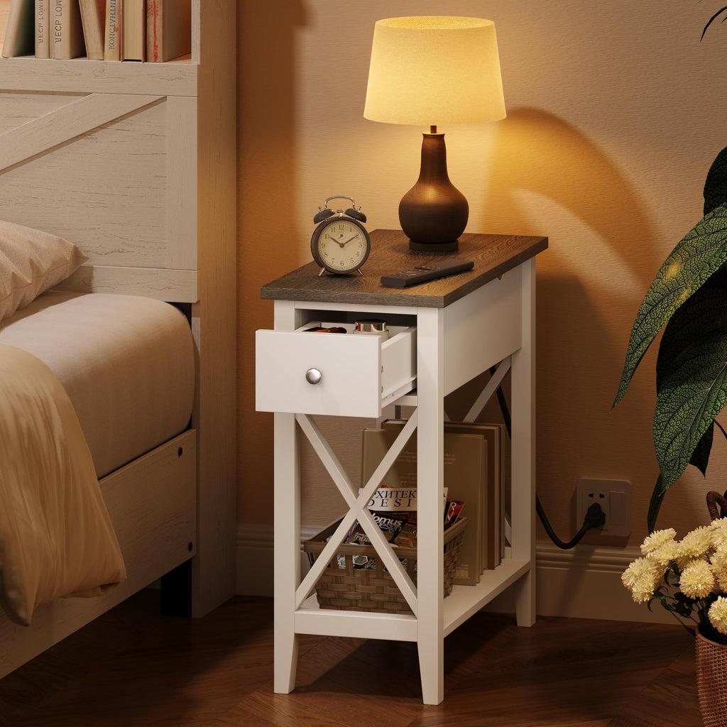 ChooChoo Farmhouse End Table with Charging Station - Soft White Accent Nightstand for Living Room & Bedroom, Ideal for Small Spaces