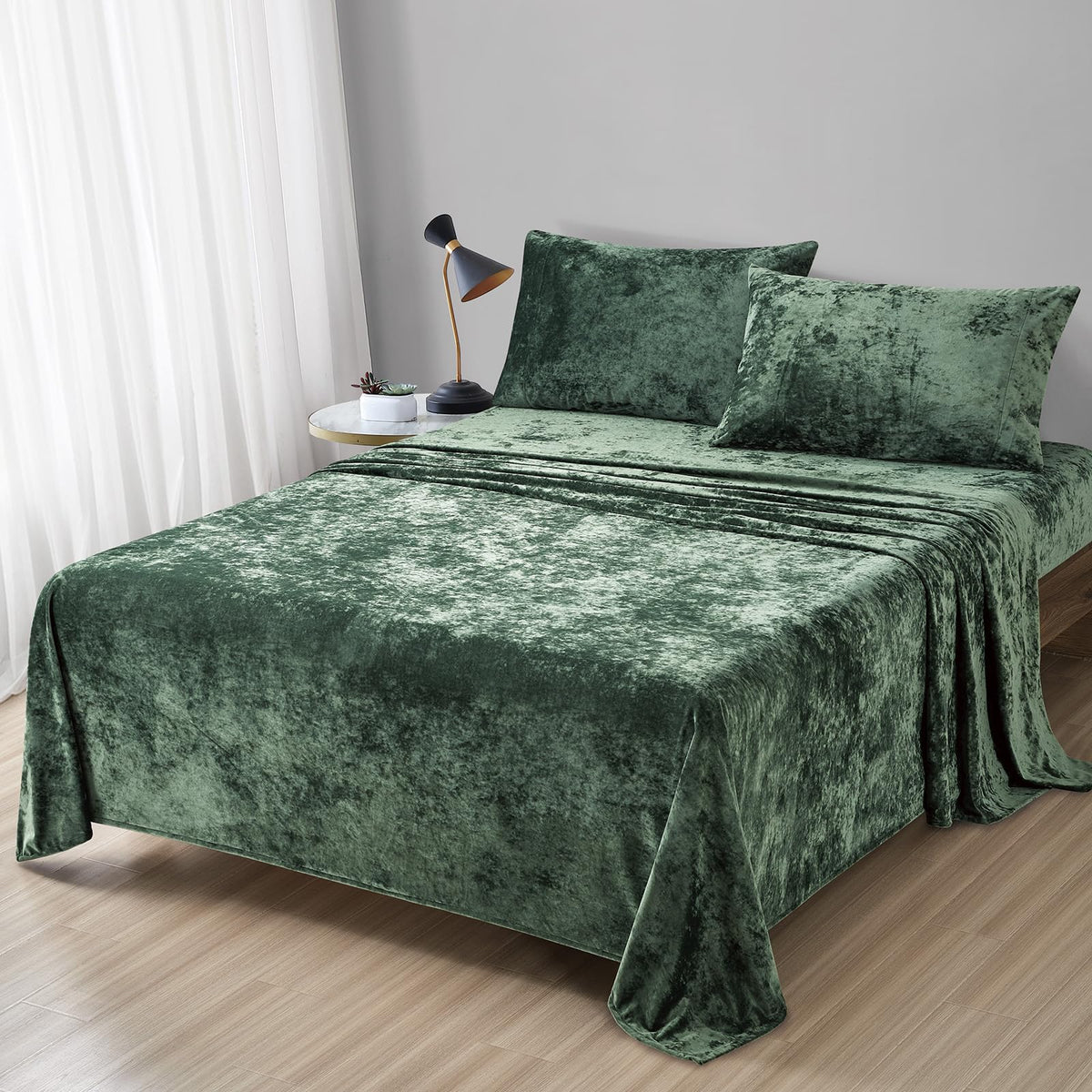 Fredsure Distressed Velvet Sheet Set, 4 Pieces Blackish Green King, Ultra Soft, Warm