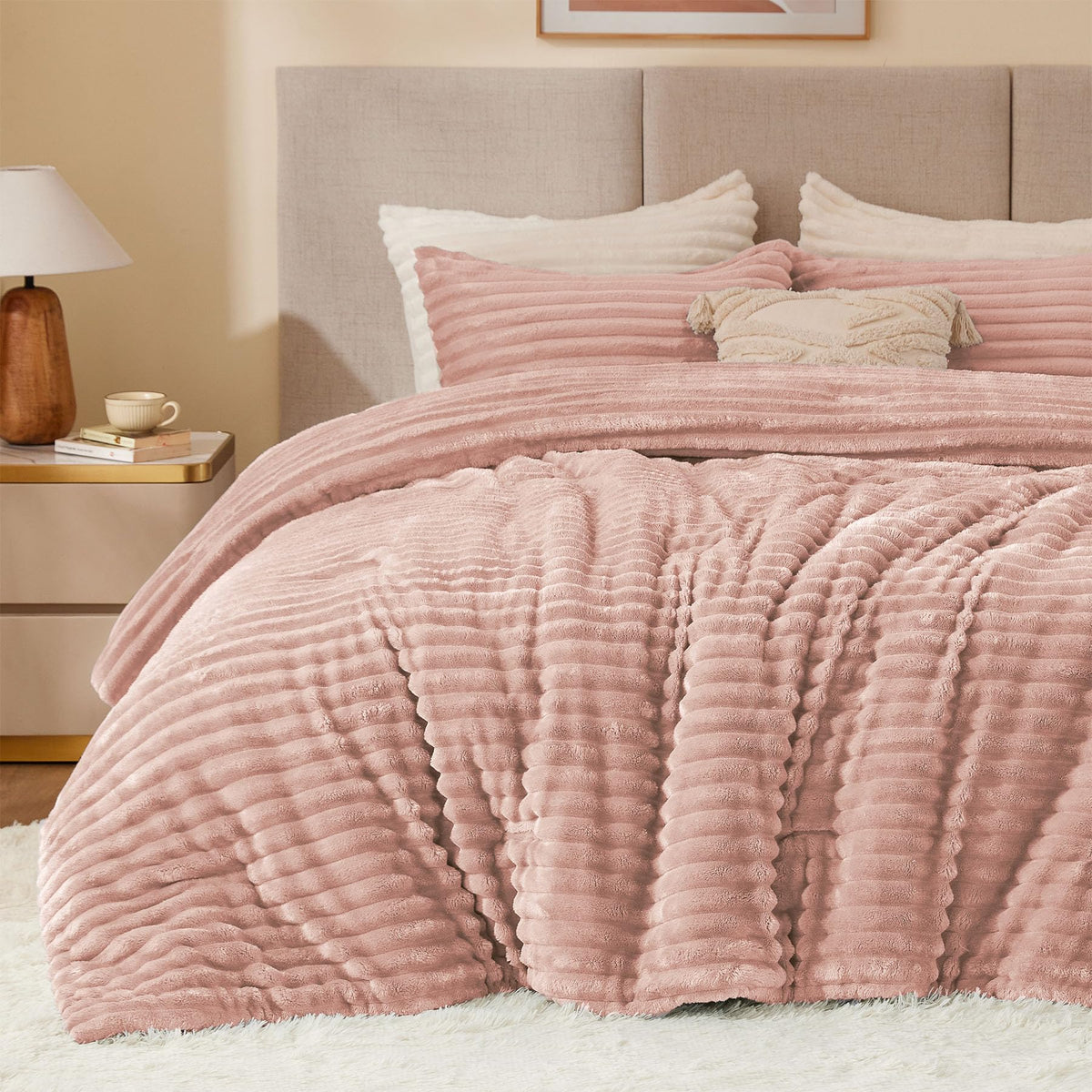 Bedelite Fleece Twin Comforter Set -Super Soft & Warm Fluffy Dusty Pink Bedding, Luxury Fuzzy Heavy Bed Set For Winter With 1 Pi