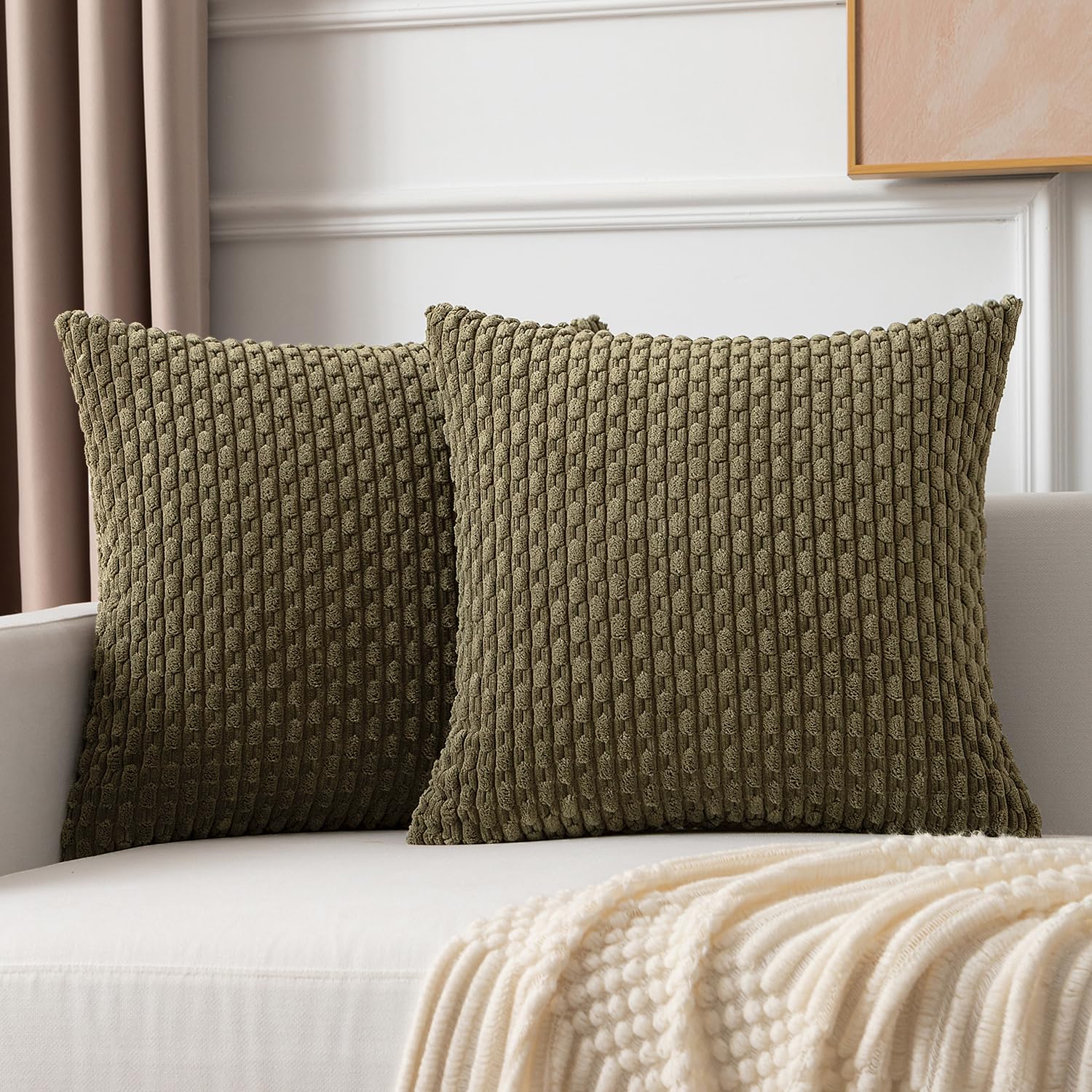 Kevin Textile Pack Of 2 Corduroy Decorative Throw Pillow Covers 18X18 Inch Soft Boho Striped Pillow Covers Modern Farmhouse Home Decor For Sofa Living Room Couch Bed Olive Green