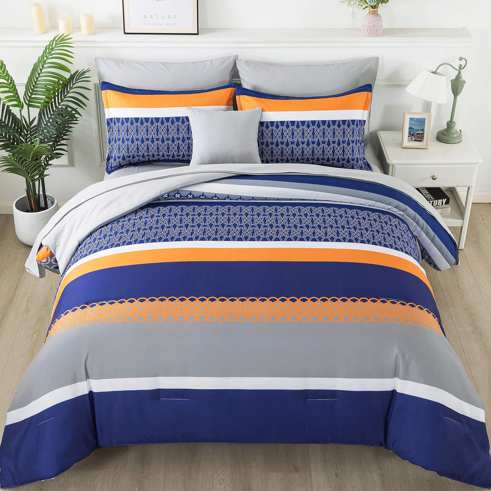 Anibedding Black Comforter Set Queen Size,8 Pieces Boho Bed In A Bag Patchwork Striped Comforter Set, Soft Microfiber Bedding Se