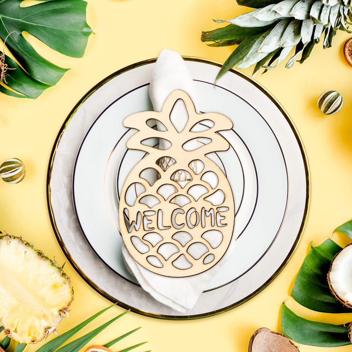 Zainpe 15Pcs Pineapple Wooden Plate Decor Cutouts Welcome Wood Dining Table Setting Summer Rustic Farmhouse Ornament Letter Sign