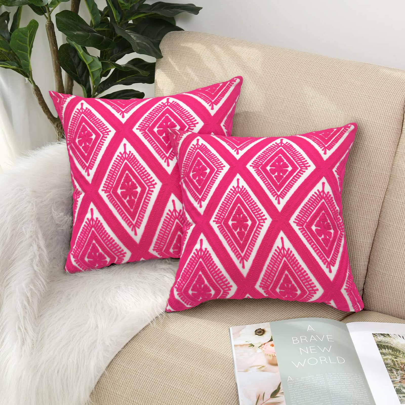 Alysheer Embroidered Decorative Throw Pillow Covers 18X18 Inches Set Of 2 Pieces, Boho Geometric Modern Chic Classic Pattern Cot