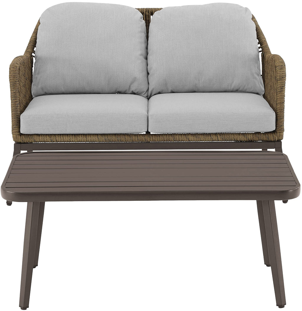 Crosley Furniture Haven 2-Piece Wicker Outdoor Coffee Table and Loveseat Patio Furniture Set for Porch, Light Brown with Light Gray Cushions