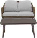 Crosley Furniture Haven 2-Piece Wicker Outdoor Coffee Table and Loveseat Patio Furniture Set for Porch, Light Brown with Light Gray Cushions