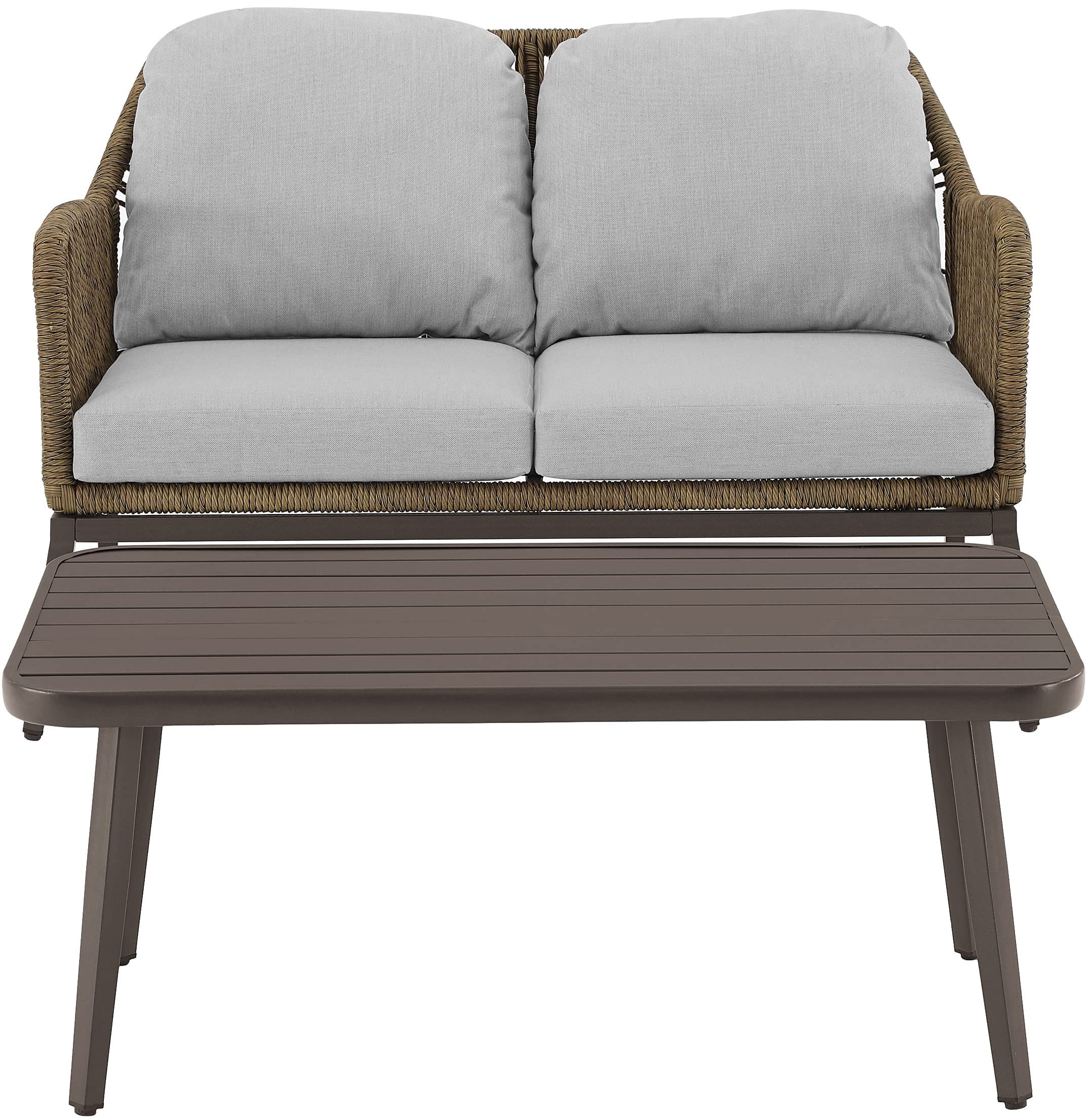 Crosley Furniture Haven 2-Piece Wicker Outdoor Coffee Table and Loveseat Patio Furniture Set for Porch, Light Brown with Light Gray Cushions