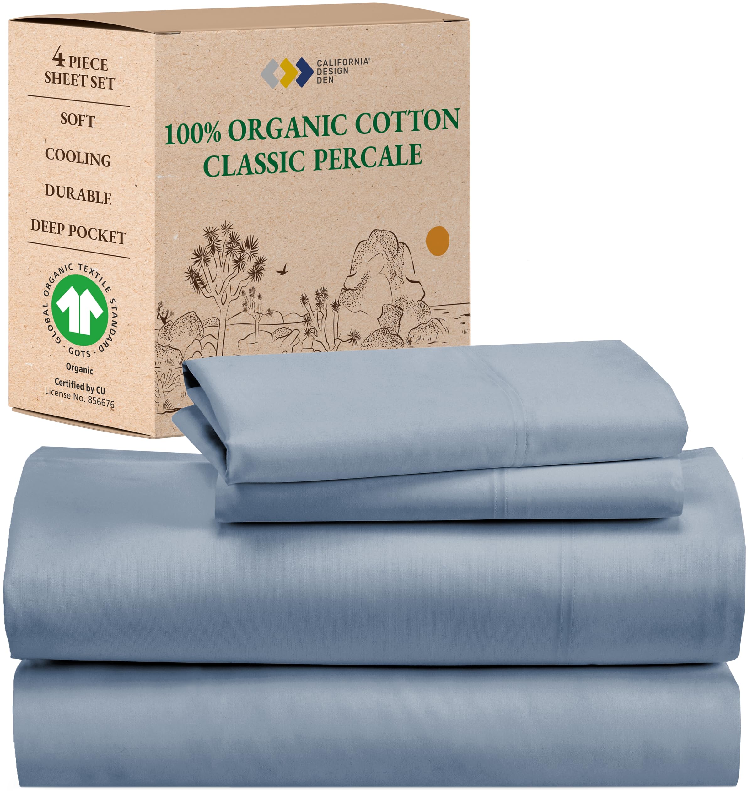 California Design Den 100% Organic Cotton Sheets For California King Size Bed, Deep Pocket Percale Gots Certified, California King Bed Sheets Set, Soft,Breathable & Cooling Sheets, Blue Hydrangea