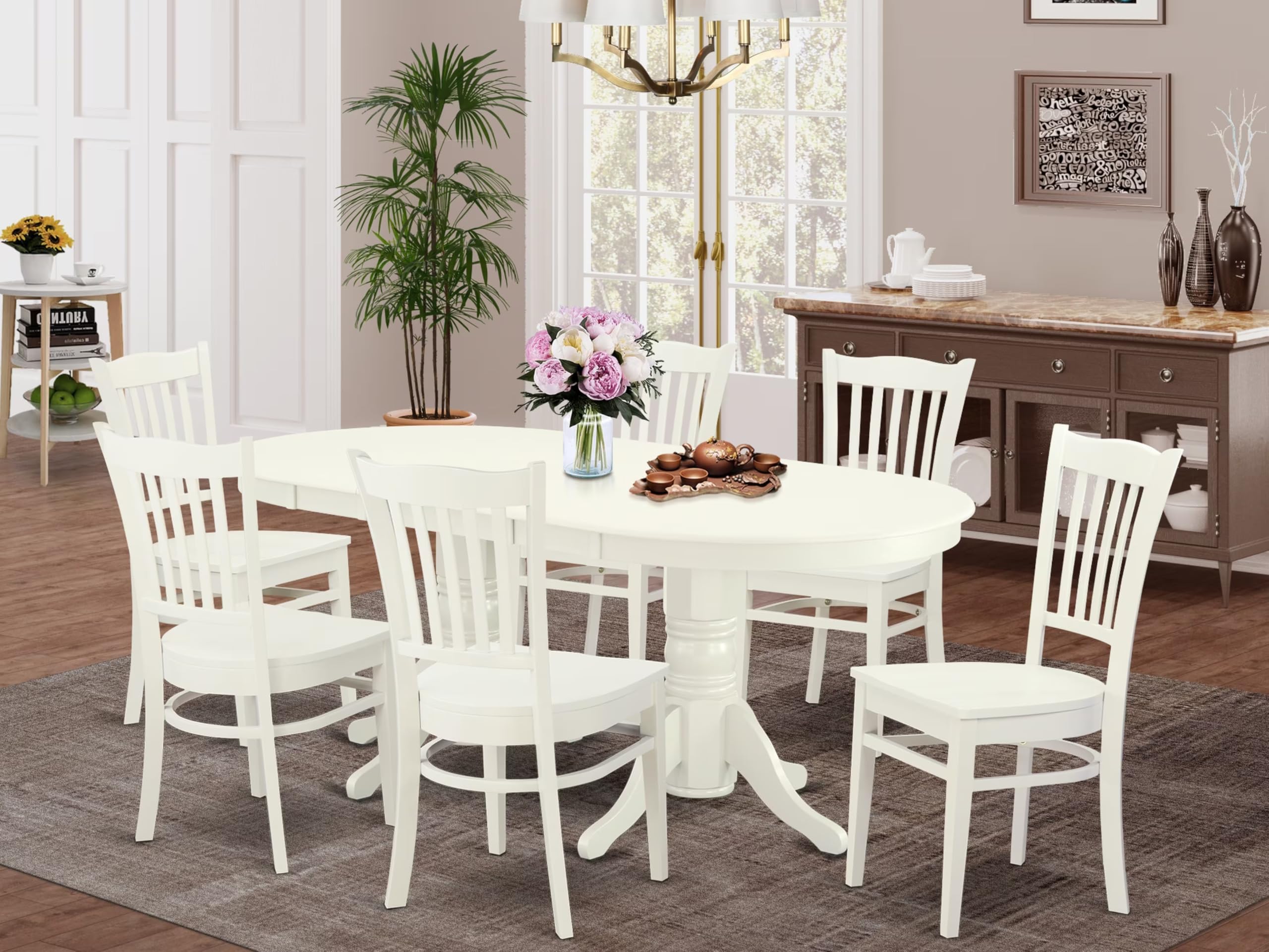East West Furniture Vagr7-Lwh-W 7 Piece Dining Room Furniture Set Consist Of An Oval Kitchen Table With Butterfly Leaf And 6 Dining Chairs, 40X76 Inch, Linen White