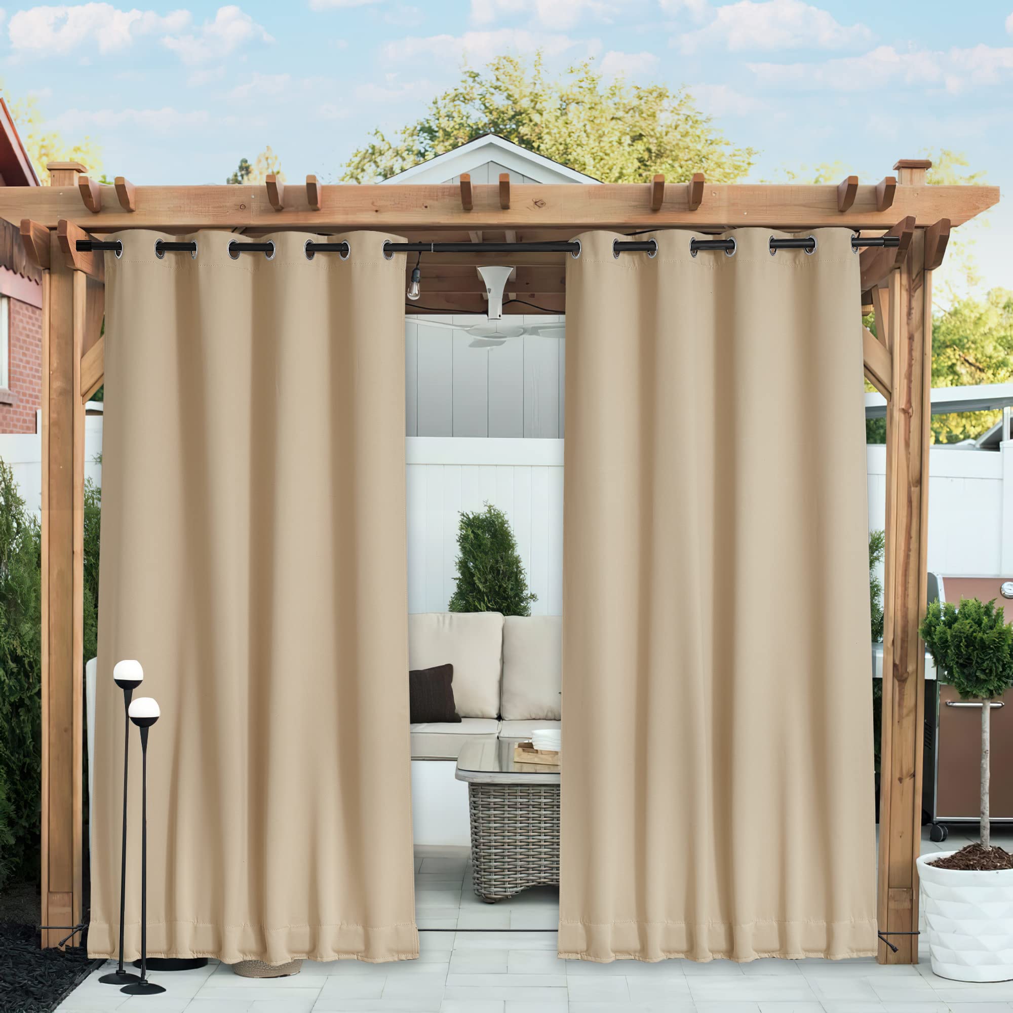 Nicetown 2 Panels Biscotti Beige Privacy Outdoor Curtains For Patio, Waterproof Thermal Insulated Grommet & Back Tab On Top And
