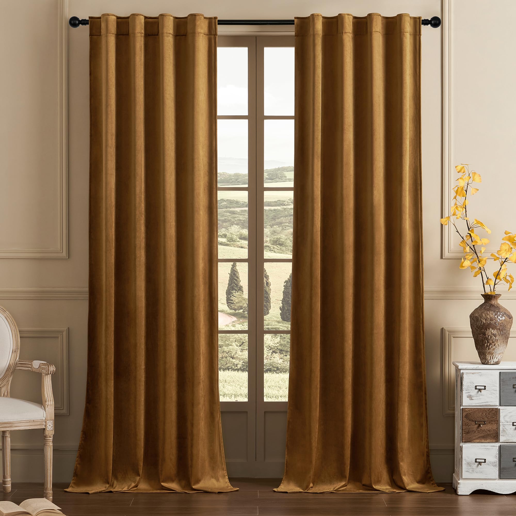 Timeper Gold Brown Velvet Curtains Light Blocking Thermal Insulated Window Panels Thick Vertical Room Dividers For Home Office/T