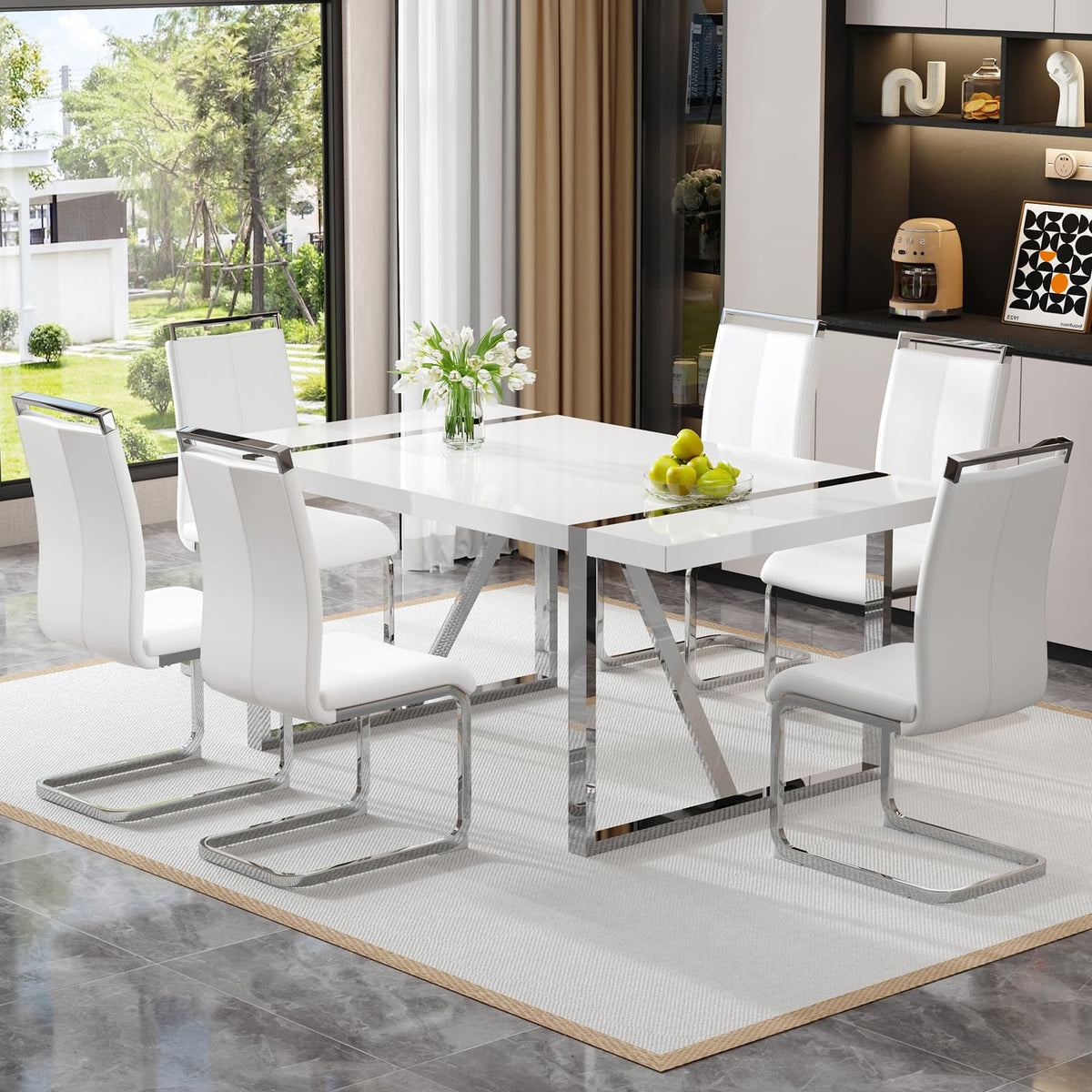 White Dining Table Set For 6,Rectangular Mdf Kitchen Table And Leather Dining Chairs Set Of 6, 7 Piece Dining Room Table Set,Mod