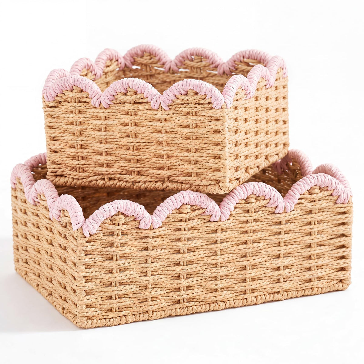 Yiyiring 2 Pack Scalloped Wicker Baskets Handwoven Basket, Pink
