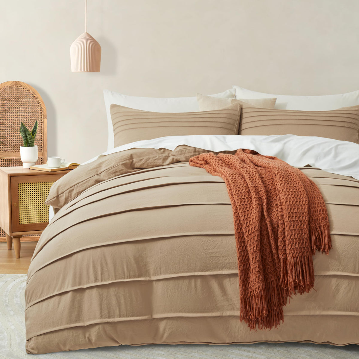 Oli Anderson Khaki Duvet Cover Queen Size - Pleated Queen Duvet Cover, 3Pcs Soft And Breathable Textured Bedding Set With Zipper