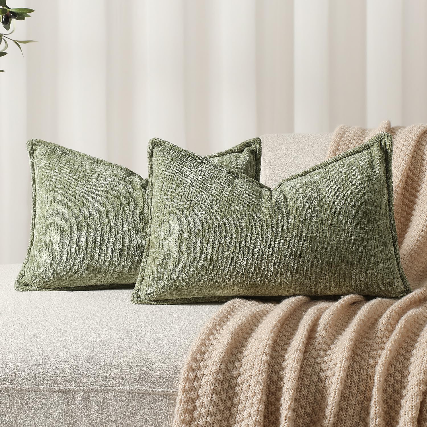 Dezene Pack Of 2 Sage Green Decorative Throw Pillow Covers 12X20 Cozy Soft Chenille Accent Vintage Rectangular Lumbar Couch Pill
