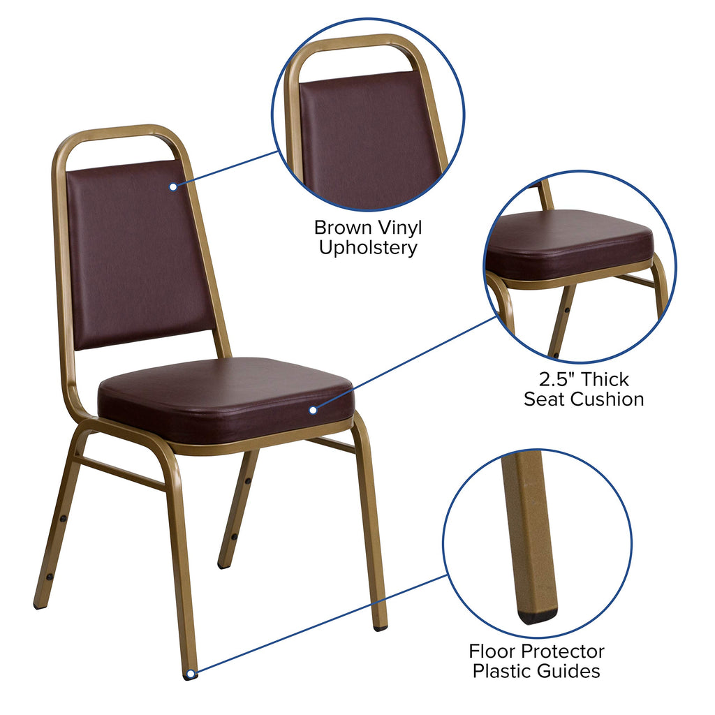 Flash Furniture HERCULES Series Trapezoidal Back Stacking Banquet Chair in Brown Vinyl - Gold Frame