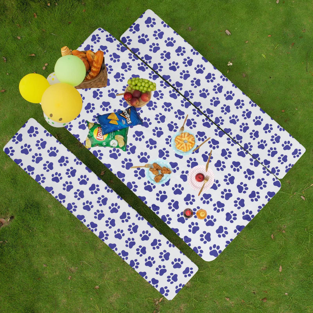 Easy-Going 100% Waterproof Picnic Outdoor Tablecloth With Bench Covers Fit 8 Foot Rectangle Table, 3-Piece Set Camping Table Cover With Seat Covers (30X96 In, Blue-Paw)