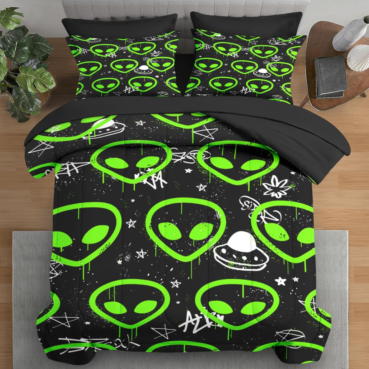 Pamnest Comforter Set Full Size, Neon Green Cute 7 Pcs Bedding For Kids And Adults, Space Line Cartoon Bed Sheet Sets With Fitte