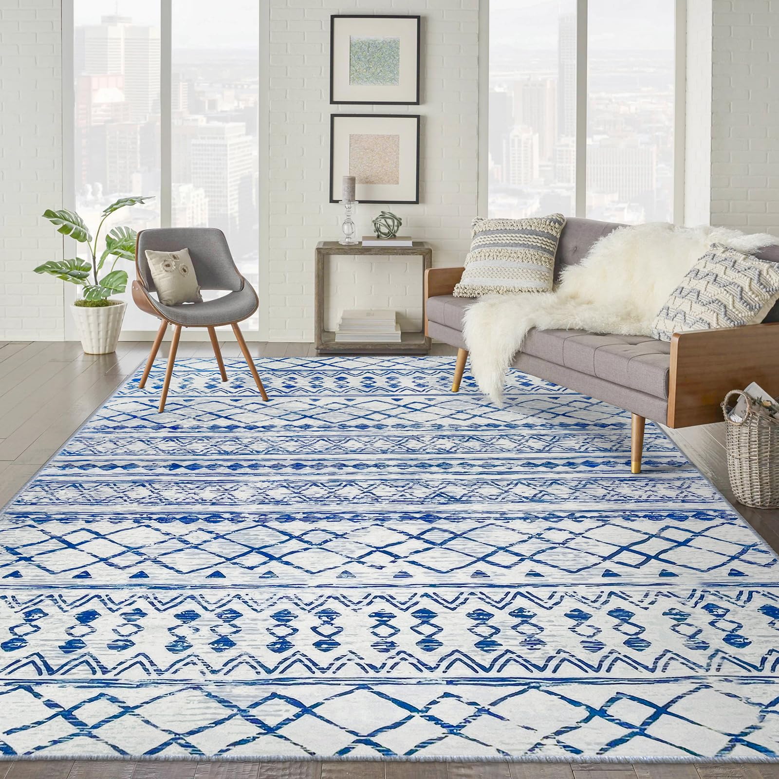 KUTA Moroccan 8x10 Rugs for Living Room Blue White, Washable Rug Boho Area Rug Non-Slip, Ultra Soft Geometric Tribal Traditional