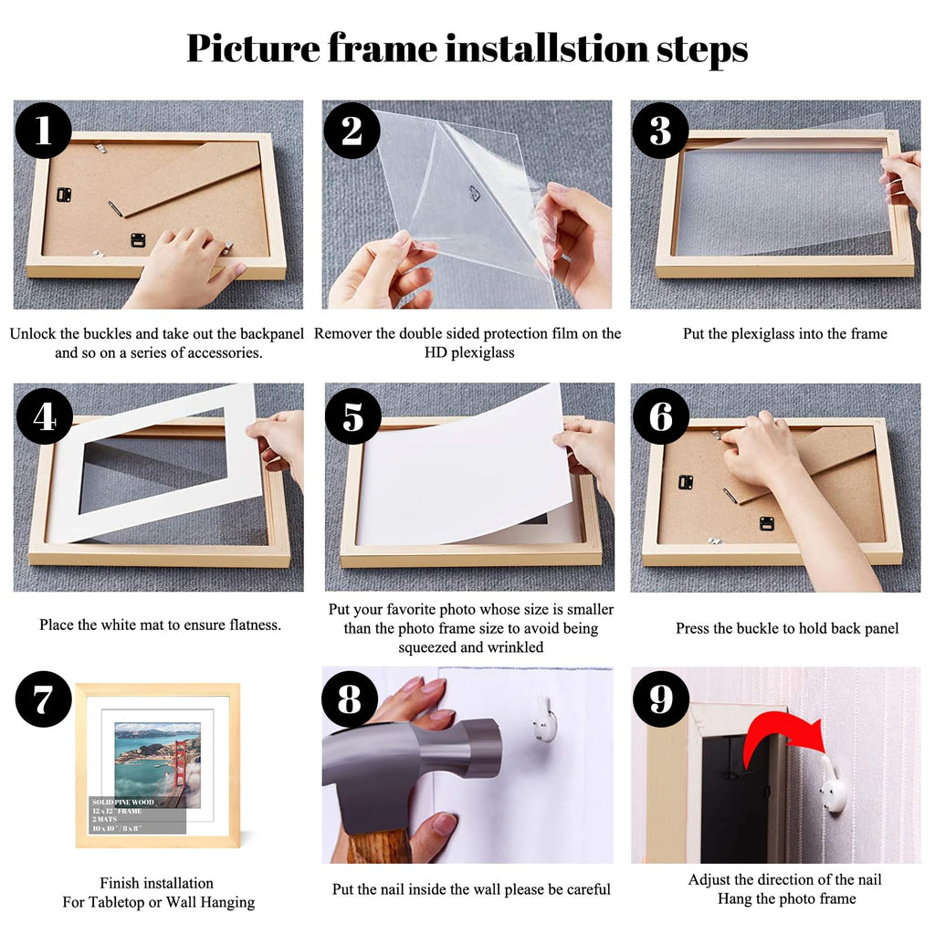 12X12 Wood Picture Frames For Wall Hanging Or Tabletop,Diamond Painting Frame Baby Scan Picture Frames With 2 Mats Display 8X8 O