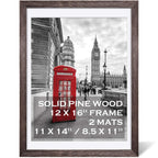 12x16 Rustic Picture Frames Solid Wood Display Pictures 11x14 or 8.5x11 Diplomas with Mat or 12x16 without Mat, Farmhouse Distre