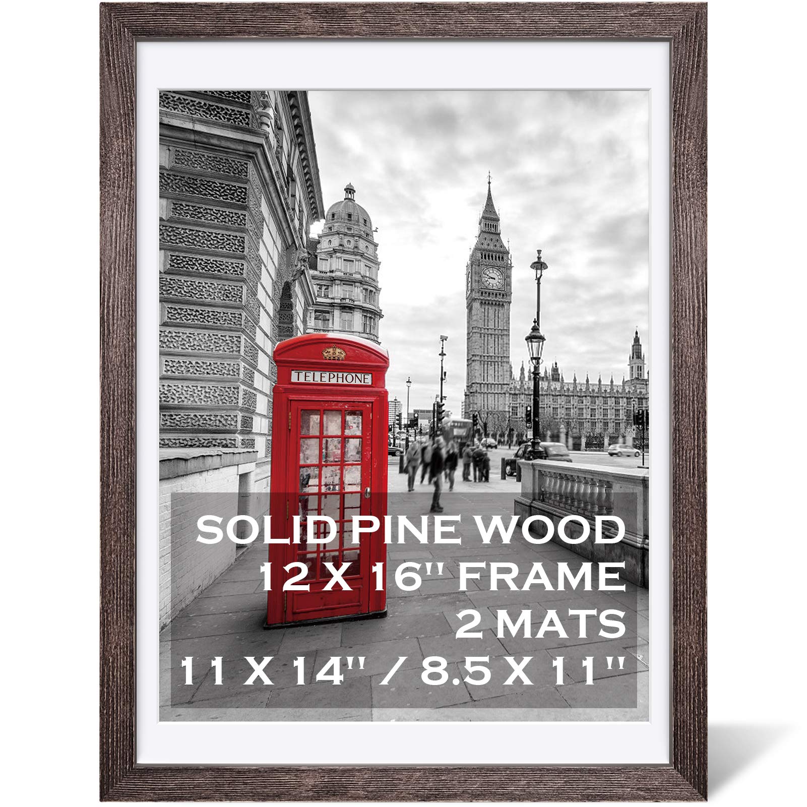 12x16 Rustic Picture Frames Solid Wood Display Pictures 11x14 or 8.5x11 Diplomas with Mat or 12x16 without Mat, Farmhouse Distre