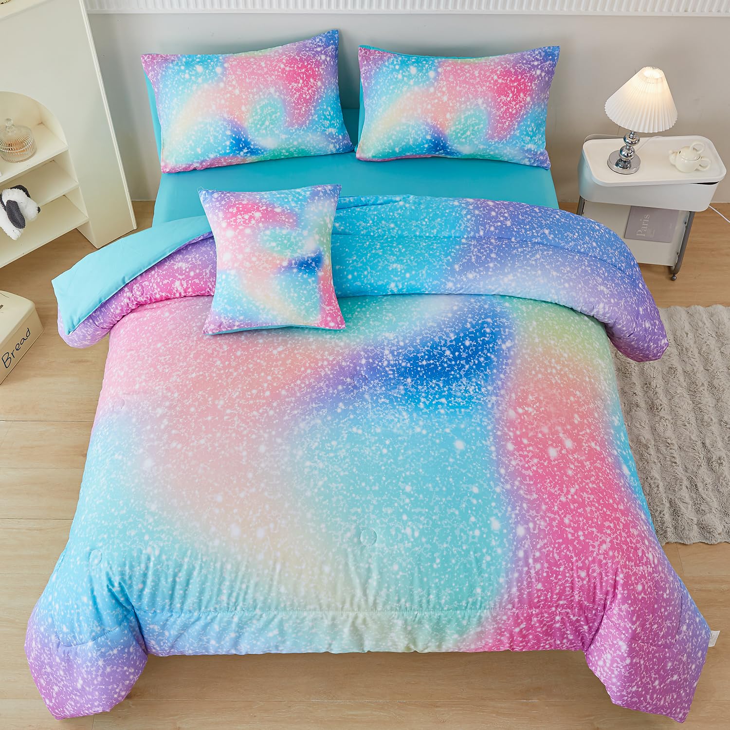 Perfemet Full Size Comforter Sets For Kids Girls 6 Pieces Pink Green Ombre Rainbow Bedding Set Colorful Tie Dye Glitter Teen Gir