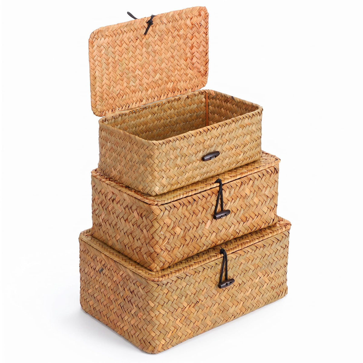Kuyeyzu Wicker Basket With Lid Set of 3 Natural Seagrass Storage Bins Rectangular Woven Basket with Lid for Shelf Organizing Boh