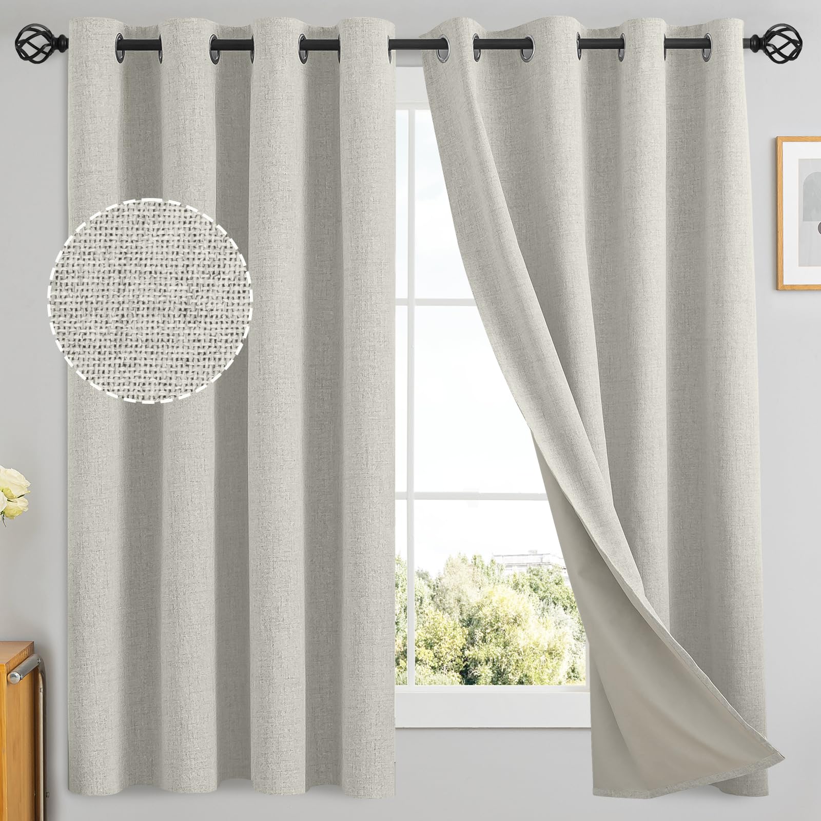 Yakamok Cream Linen Curtains 100% Blackout 63 Inches Long,Room Darkening Textured Curtains for Living Room Thermal Grommet Bedro