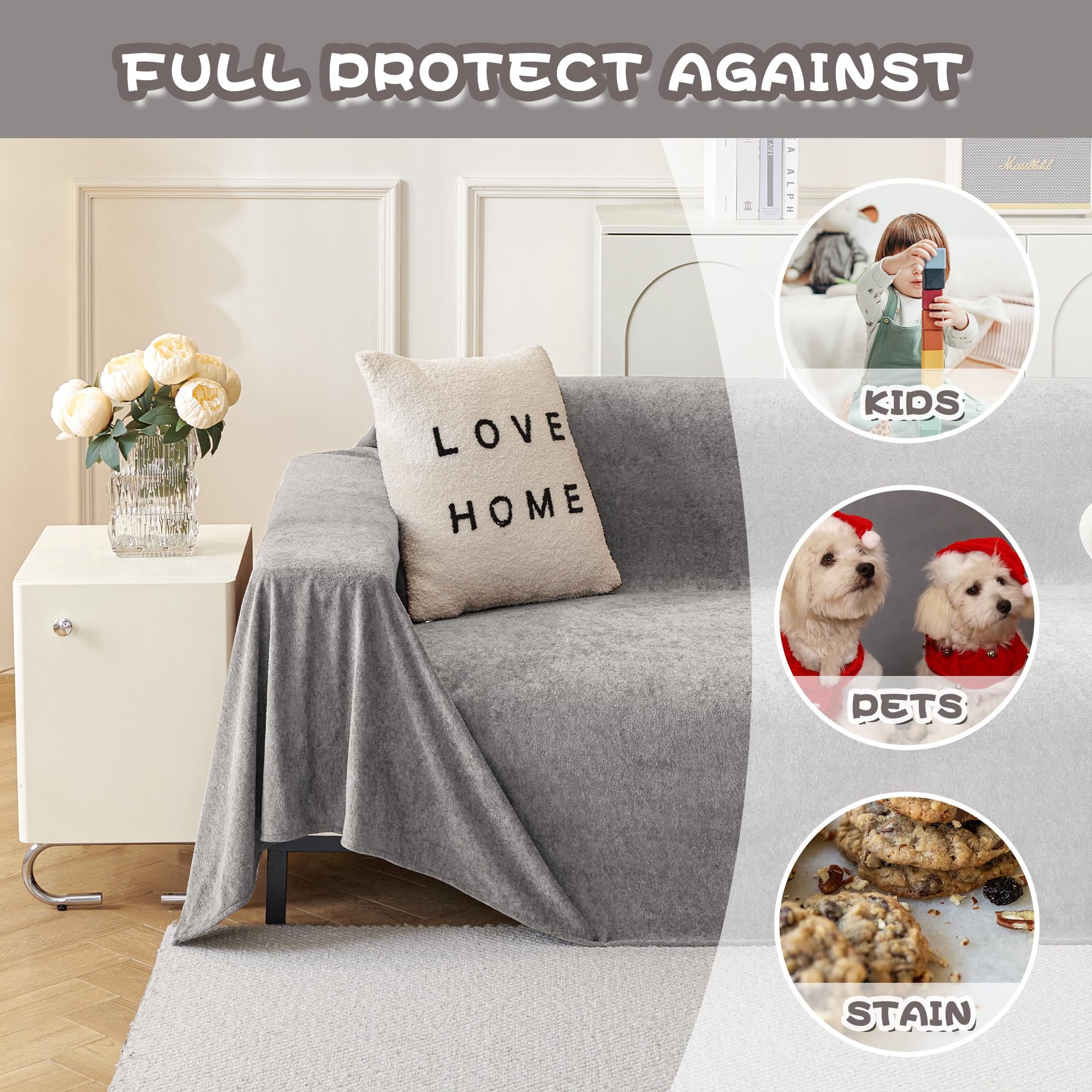 Mysky Home Couch Cover Sofa Covers For 3 Cushion Couch, Dog Couch Cover Protector For Sectional Sofa Covers, Non Slip Couch Protector Sofa Covers Washable Sofa Towel For Pet Cat Dog, 91' X 134', Grey