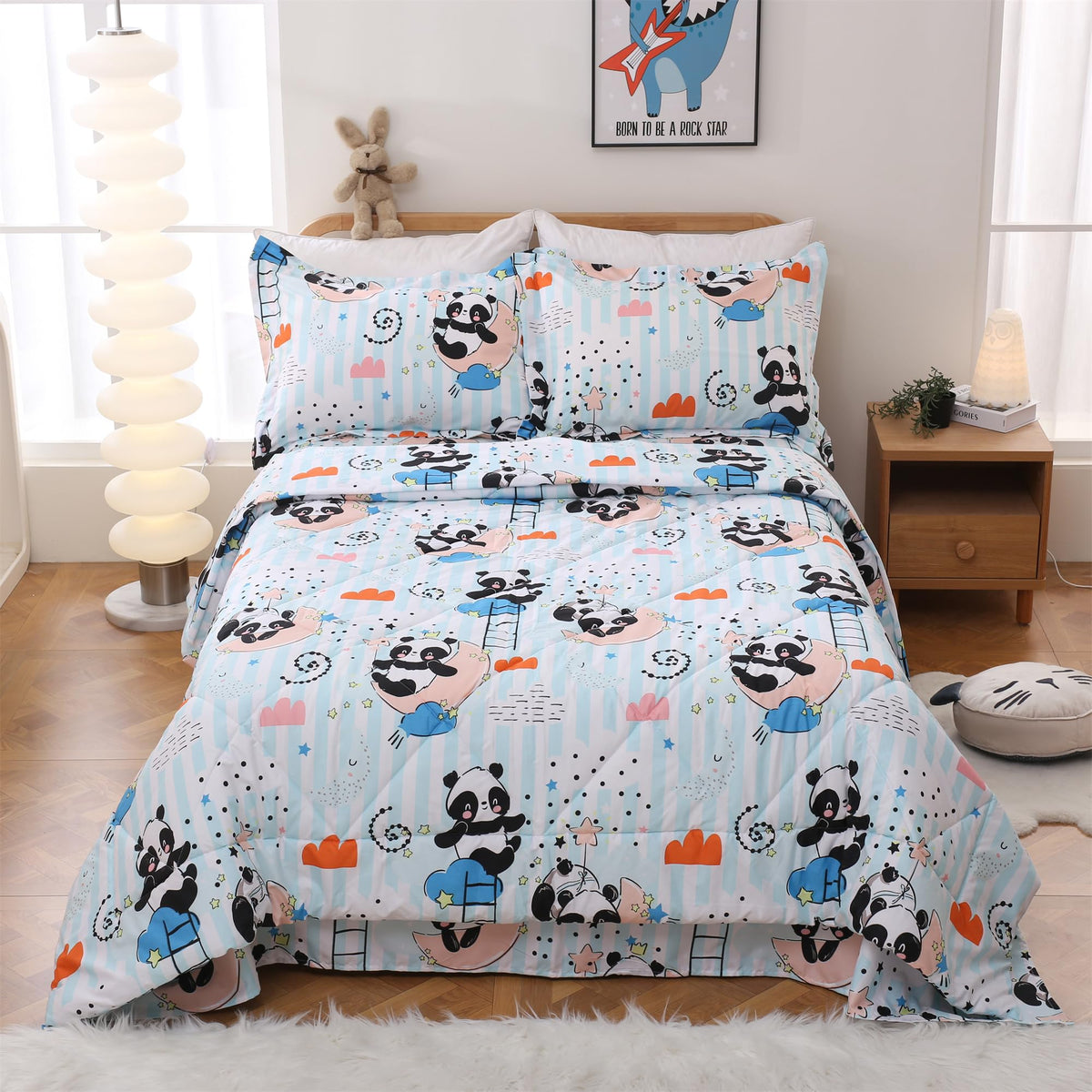 Jsd Panda Kids Comforter Set Full Size, 3 Piece Blue Moon Microfiber Comforter With Pillow Shams, Machine Washable
